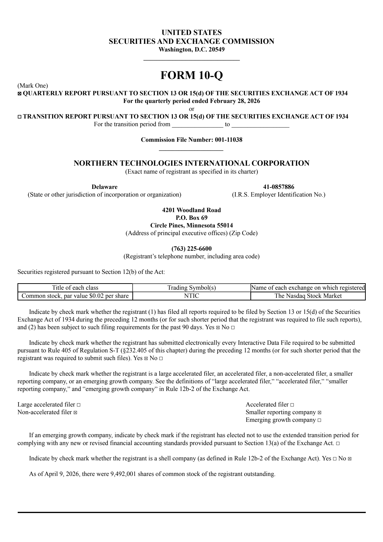 Northern Technologies International's Q2 2026 Quarterly report