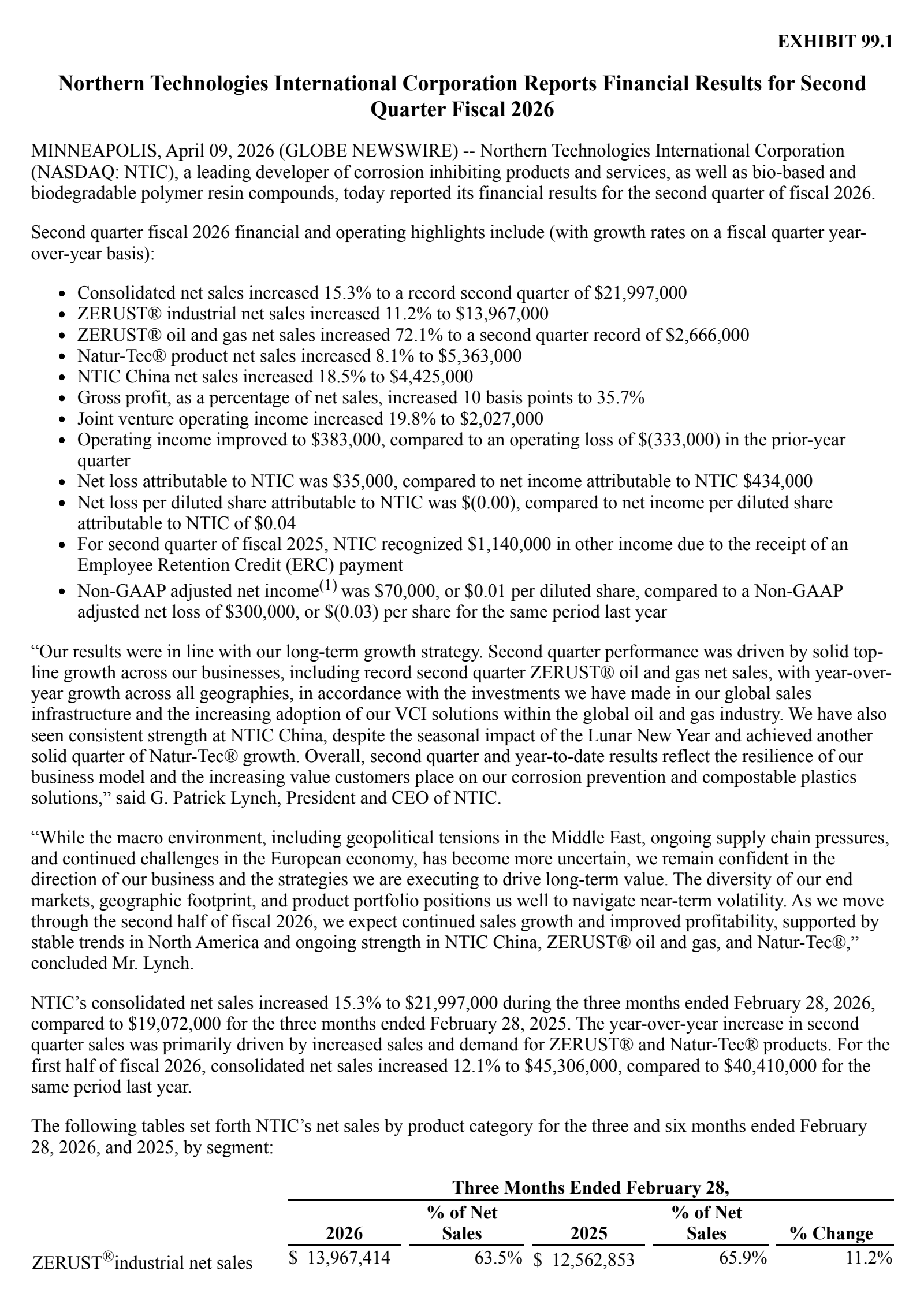 Northern Technologies International's Q2 2026 Press Release