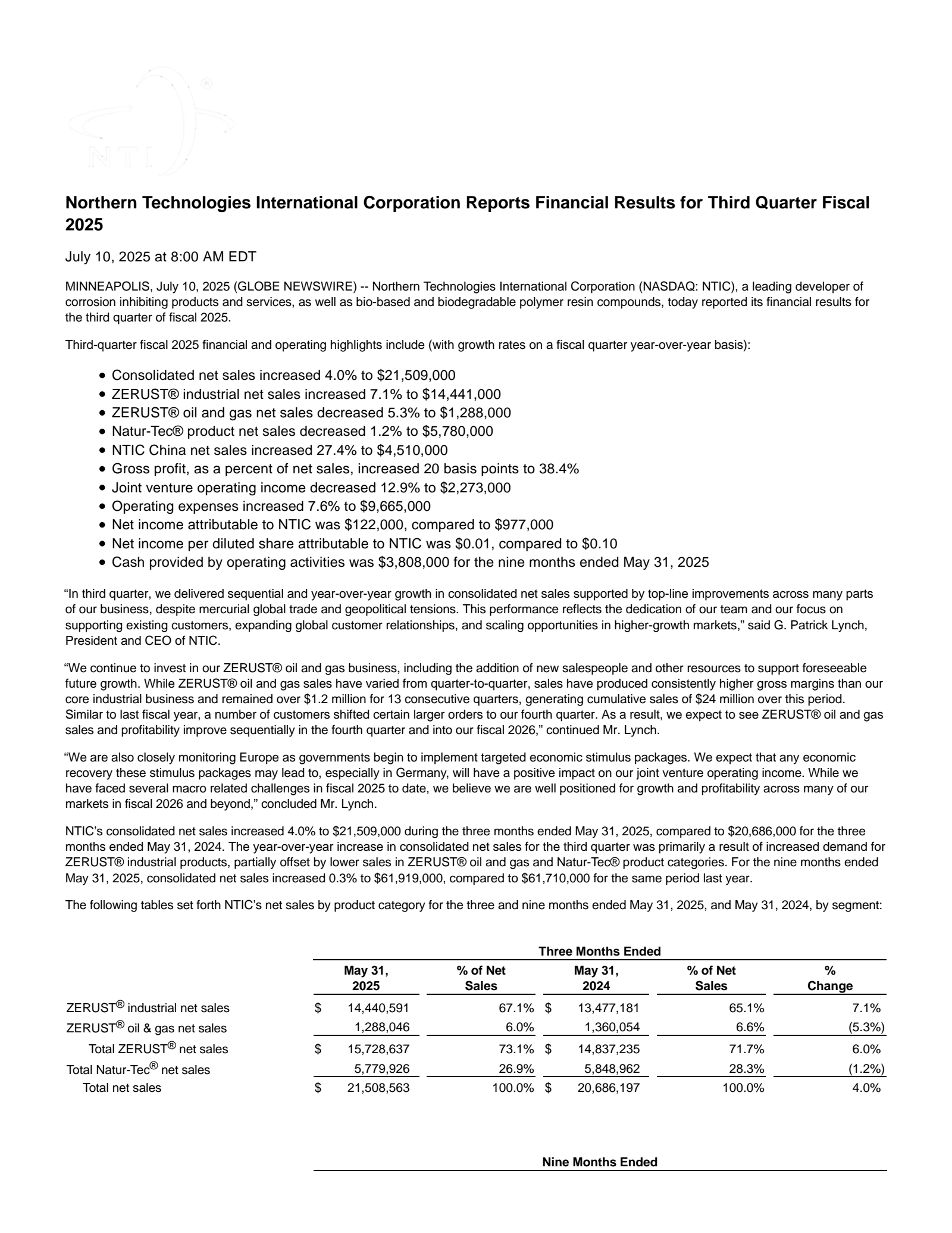 Northern Technologies International's Q3 2025 Press Release