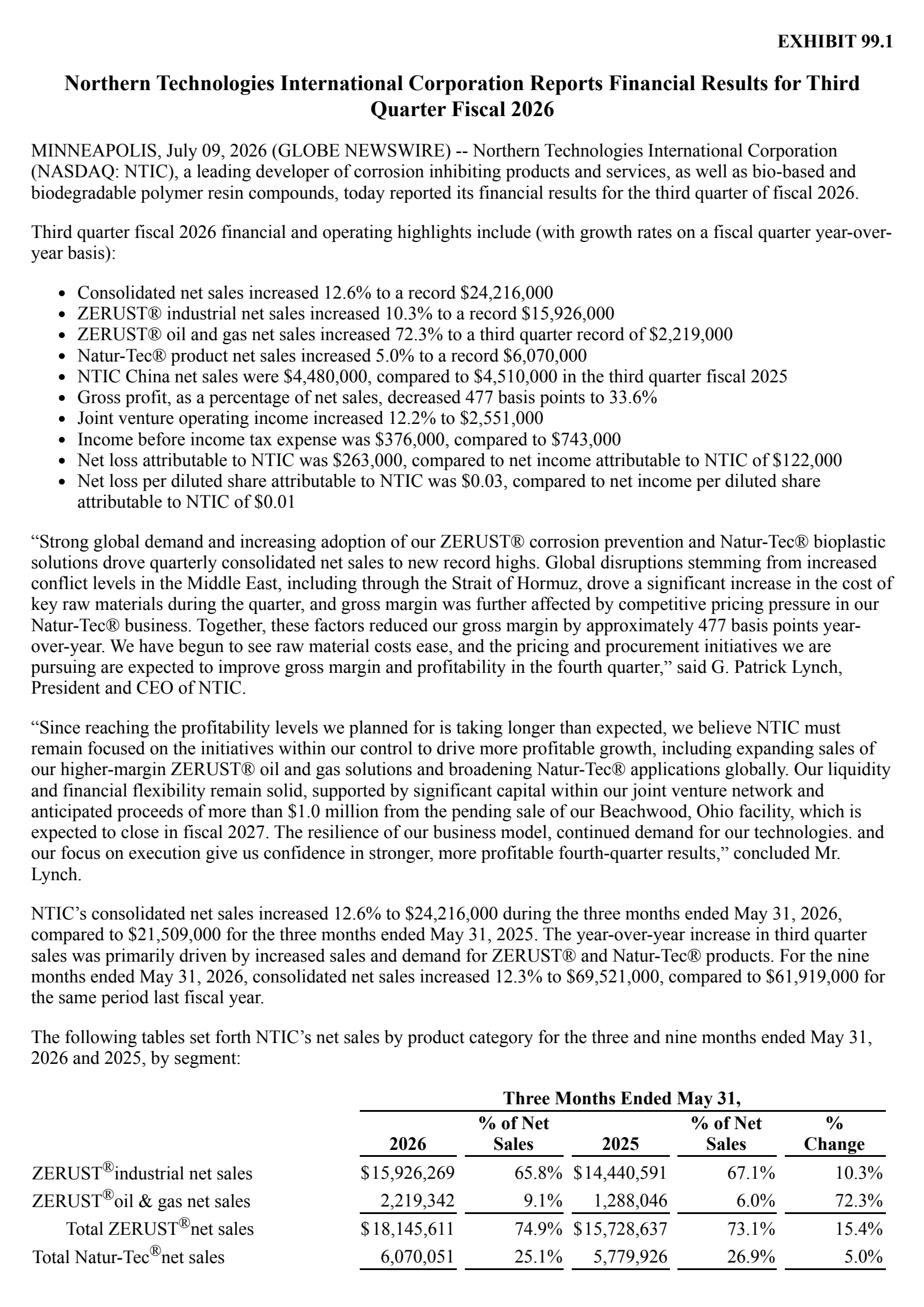 Northern Technologies International's Q3 2026 Press Release