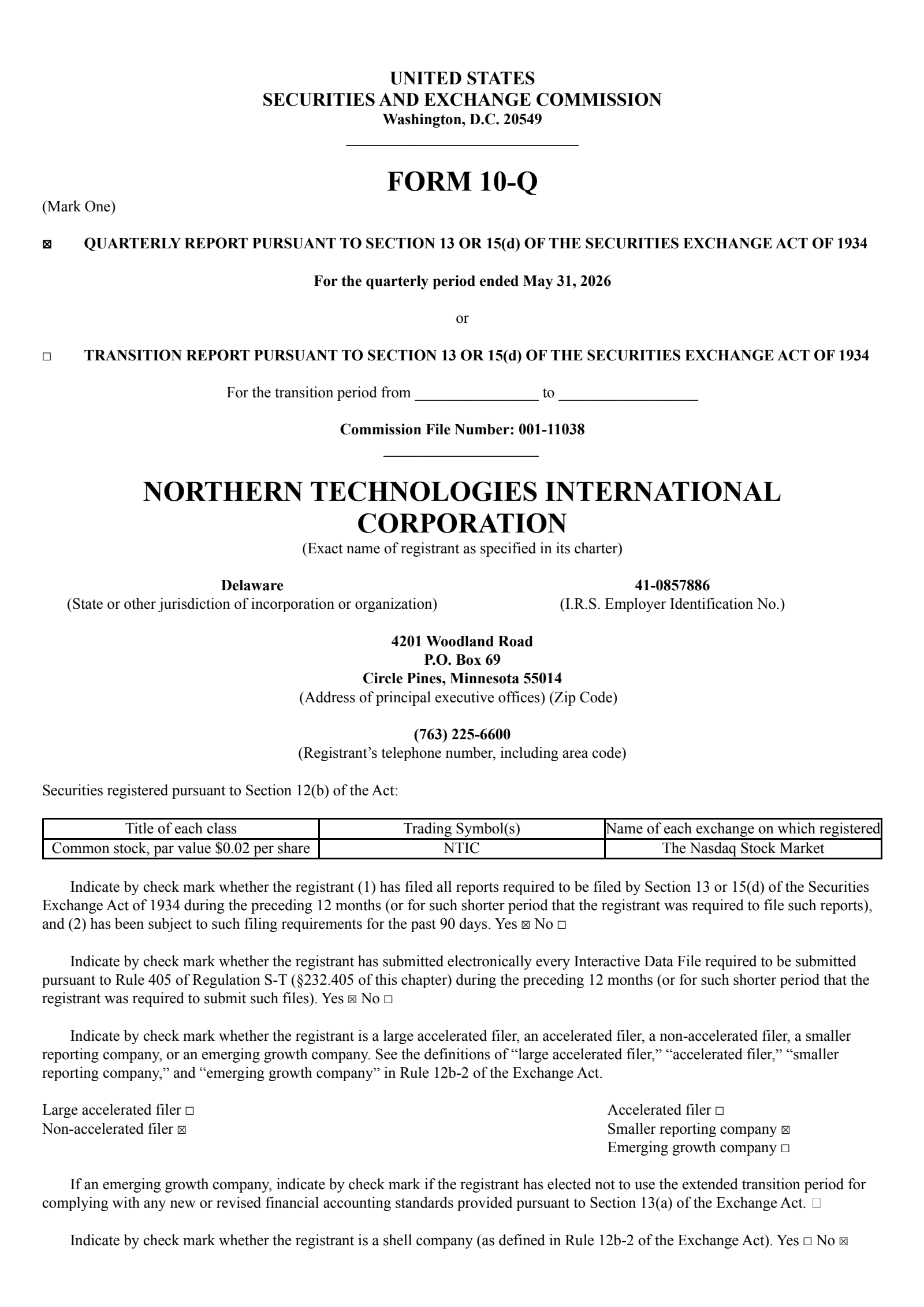 Northern Technologies International's Q3 2026 Quarterly report