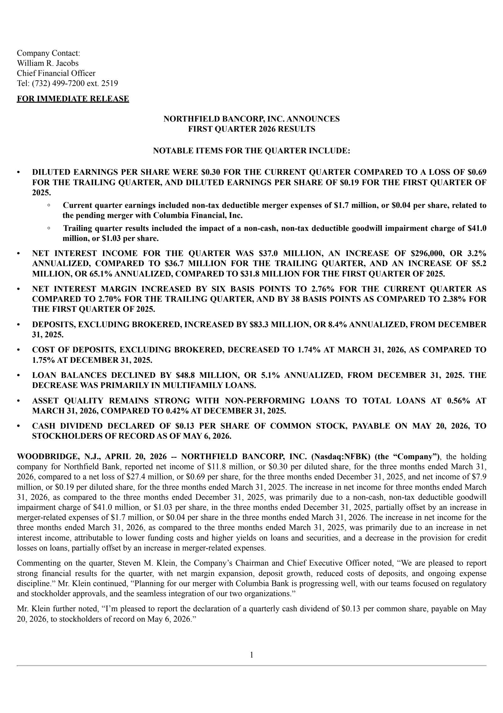 Northfield Bancorp's Q1 2026 Press Release