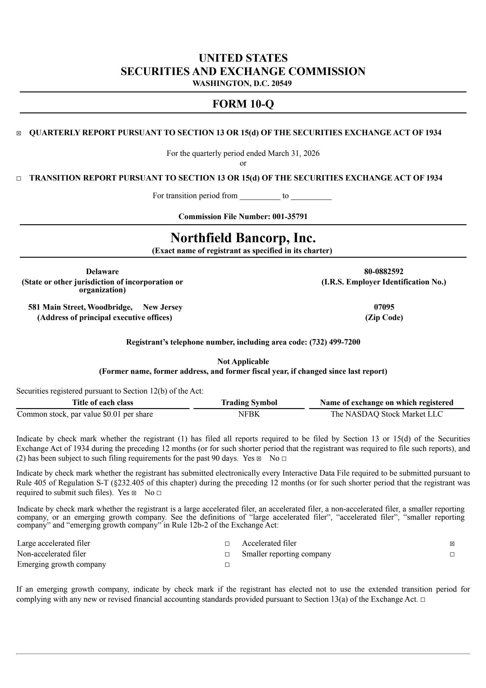 Northfield Bancorp's Q1 2026 Quarterly report