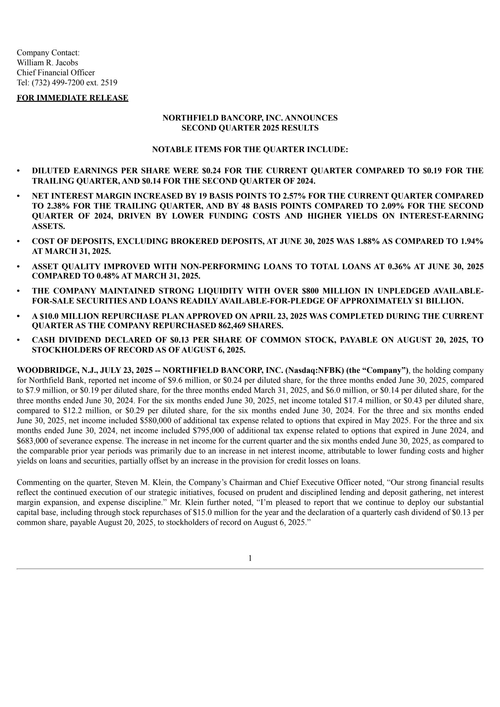 Northfield Bancorp's Q2 2025 Press Release