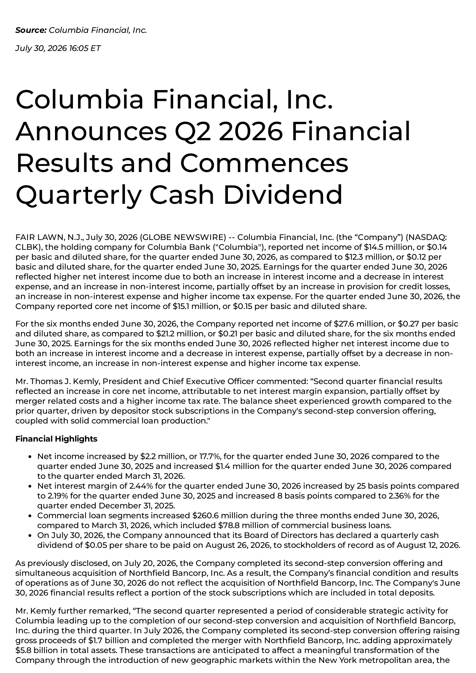 Northfield Bancorp's Q2 2026 Press Release