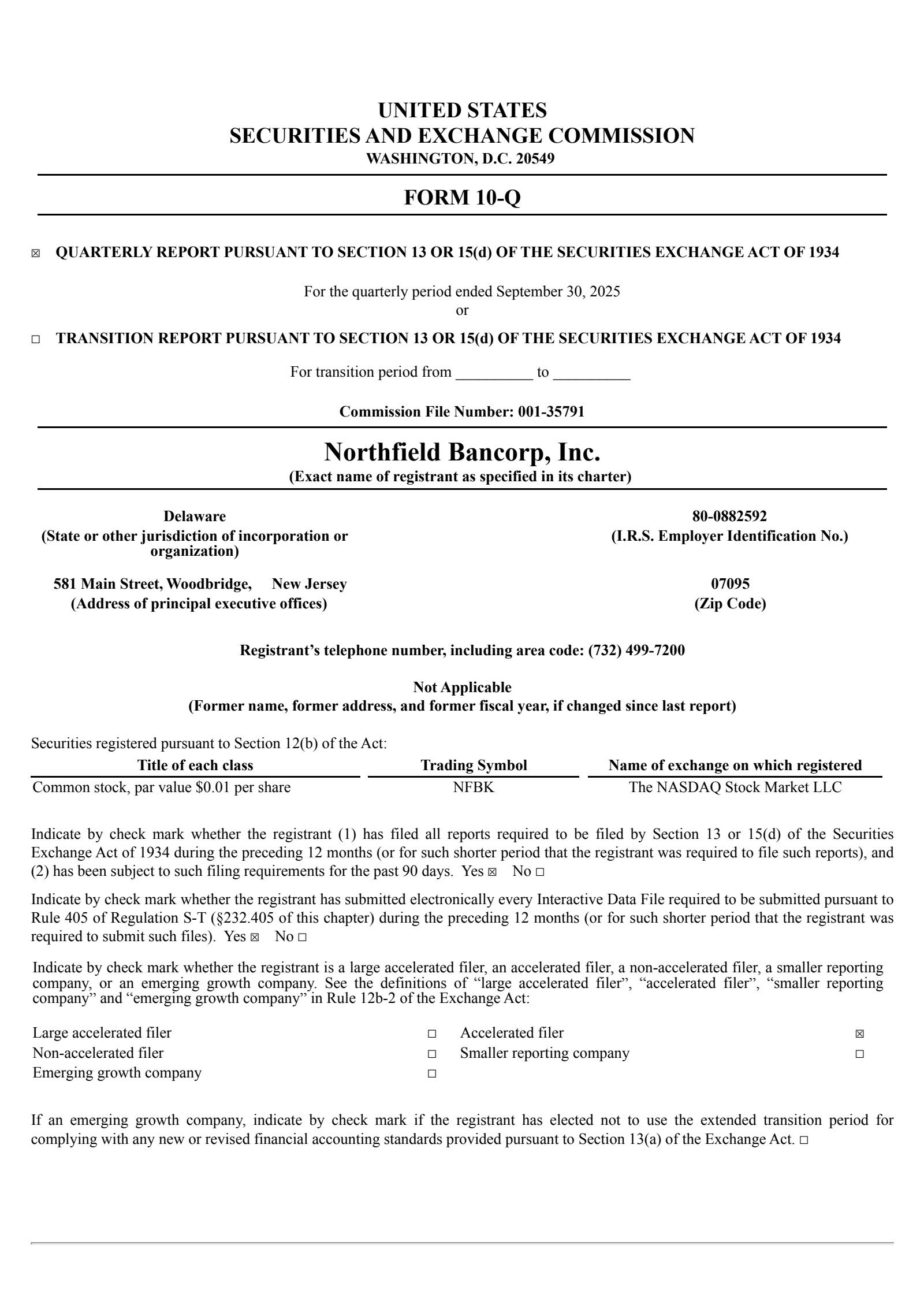 Northfield Bancorp's Q3 2025 Quarterly Report