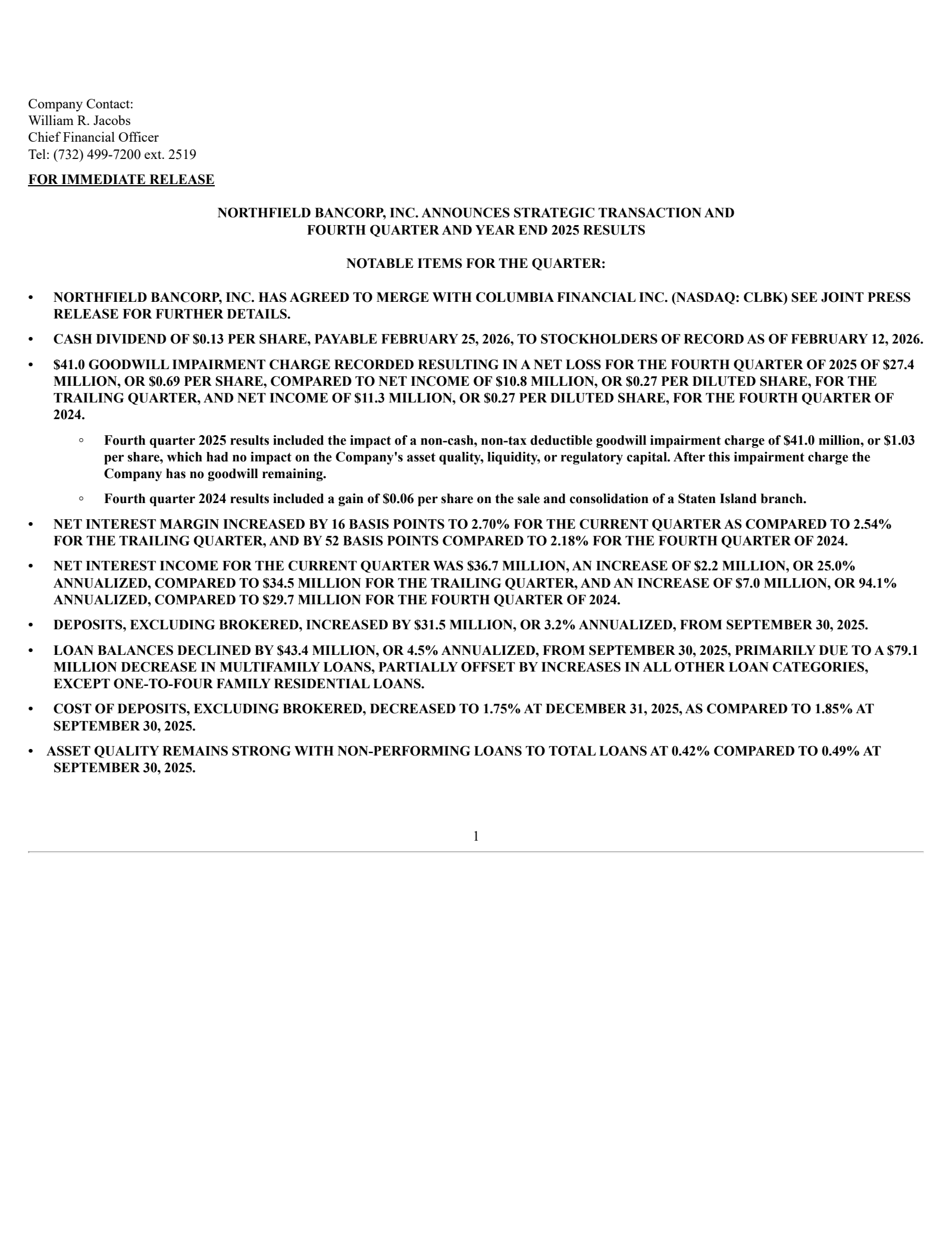 Northfield Bancorp's Q4 2025 Press Release