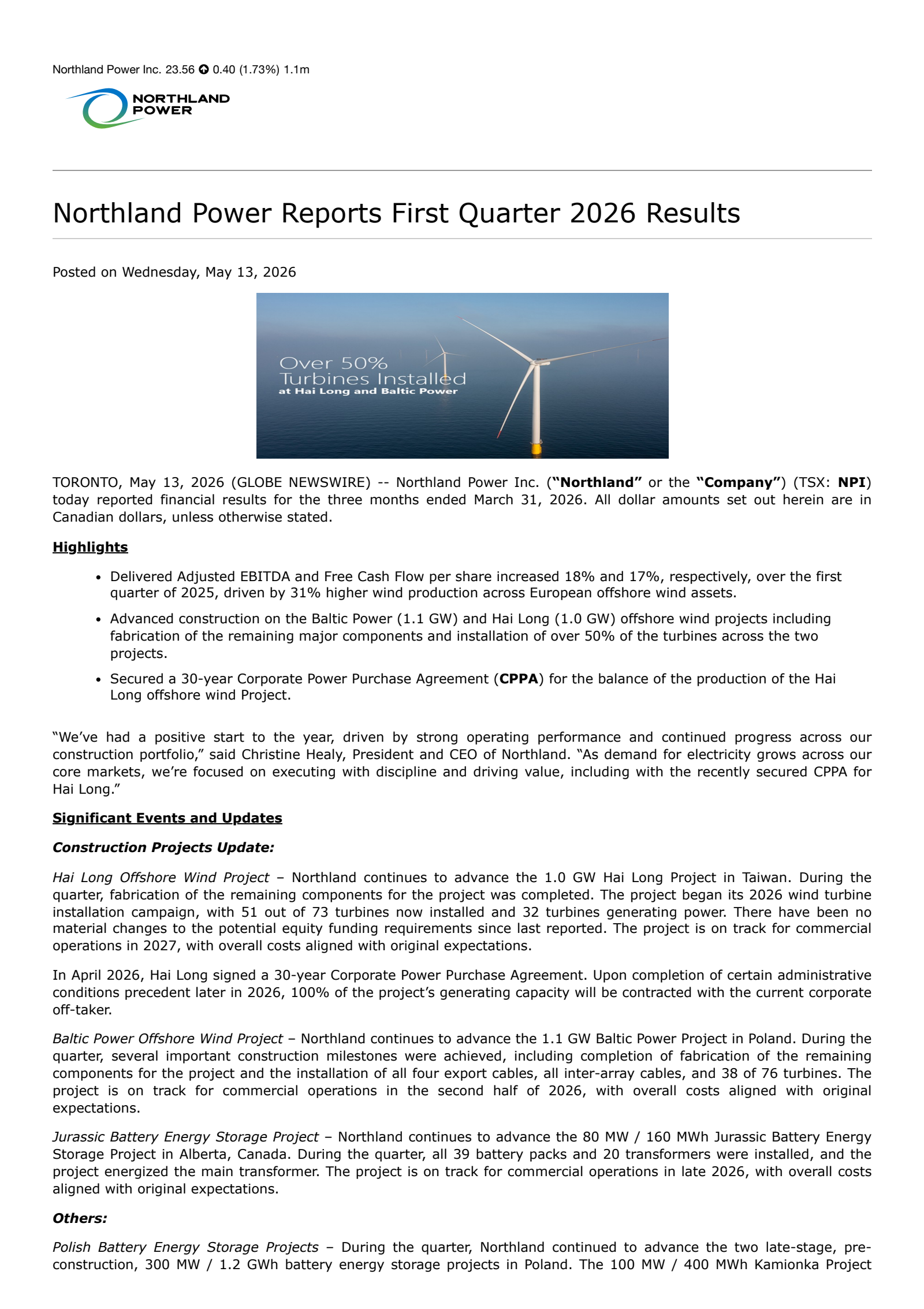 Northland Power's Q1 2026 Press Release