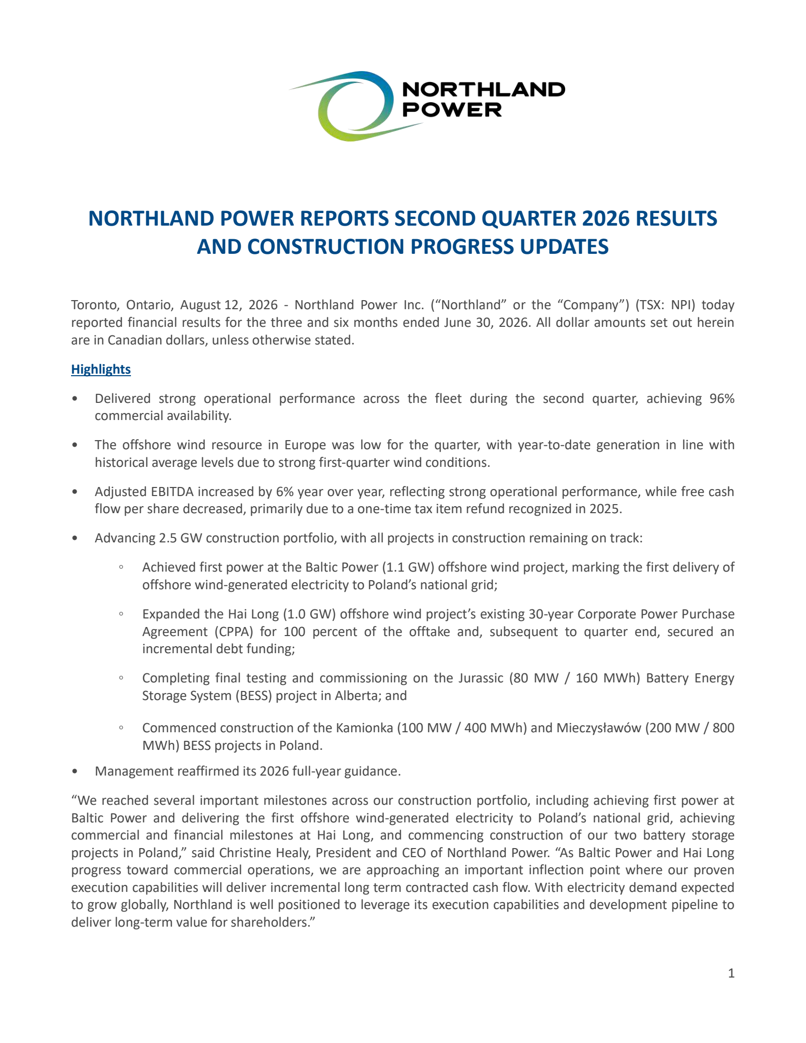 Northland Power's Q2 2026 Press Release