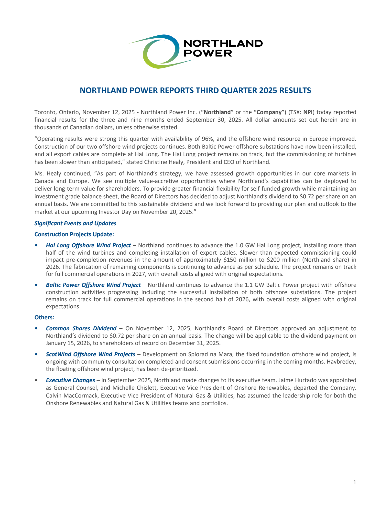 Northland Power's Q3 2025 Earnings Release