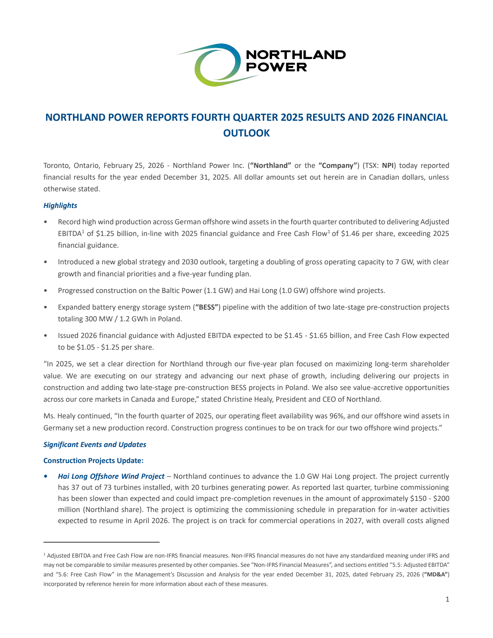 Northland Power's Q4 2025 Press Release
