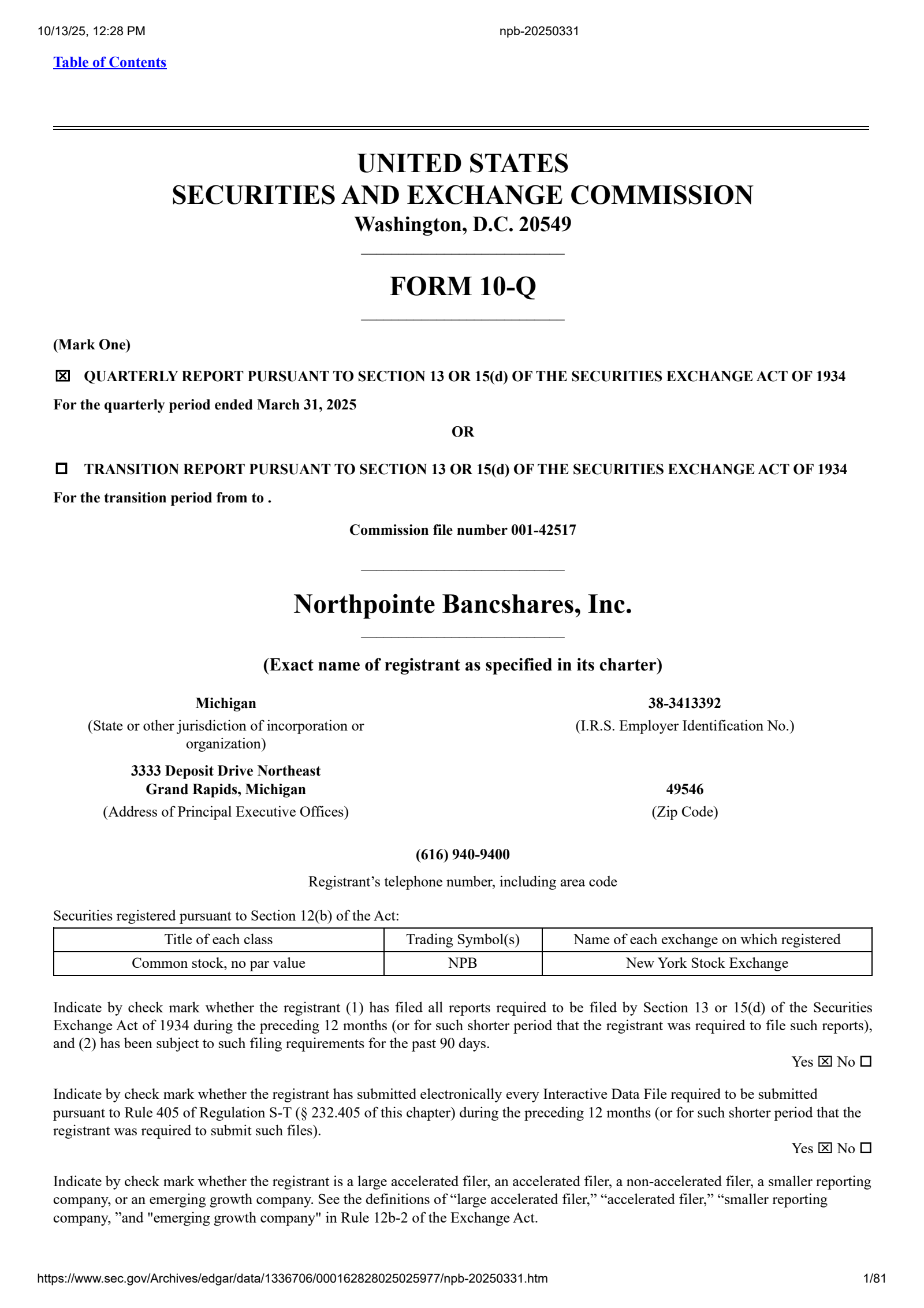 Northpointe Bancshares' Q1 2025 Quarterly Report