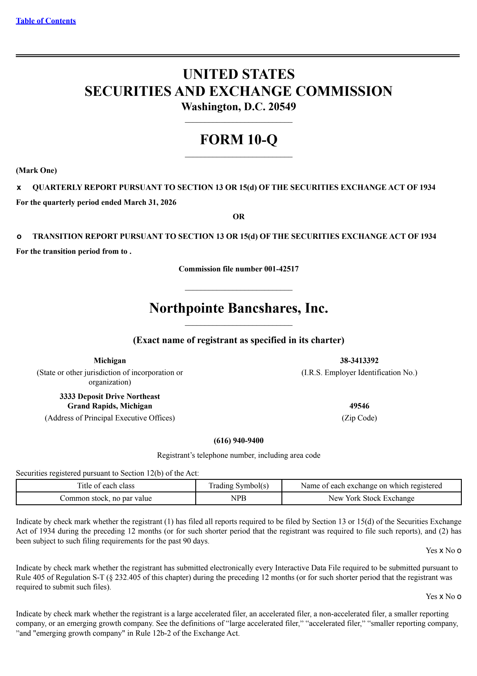 Northpointe Bancshares' Q1 2026 Quarterly report