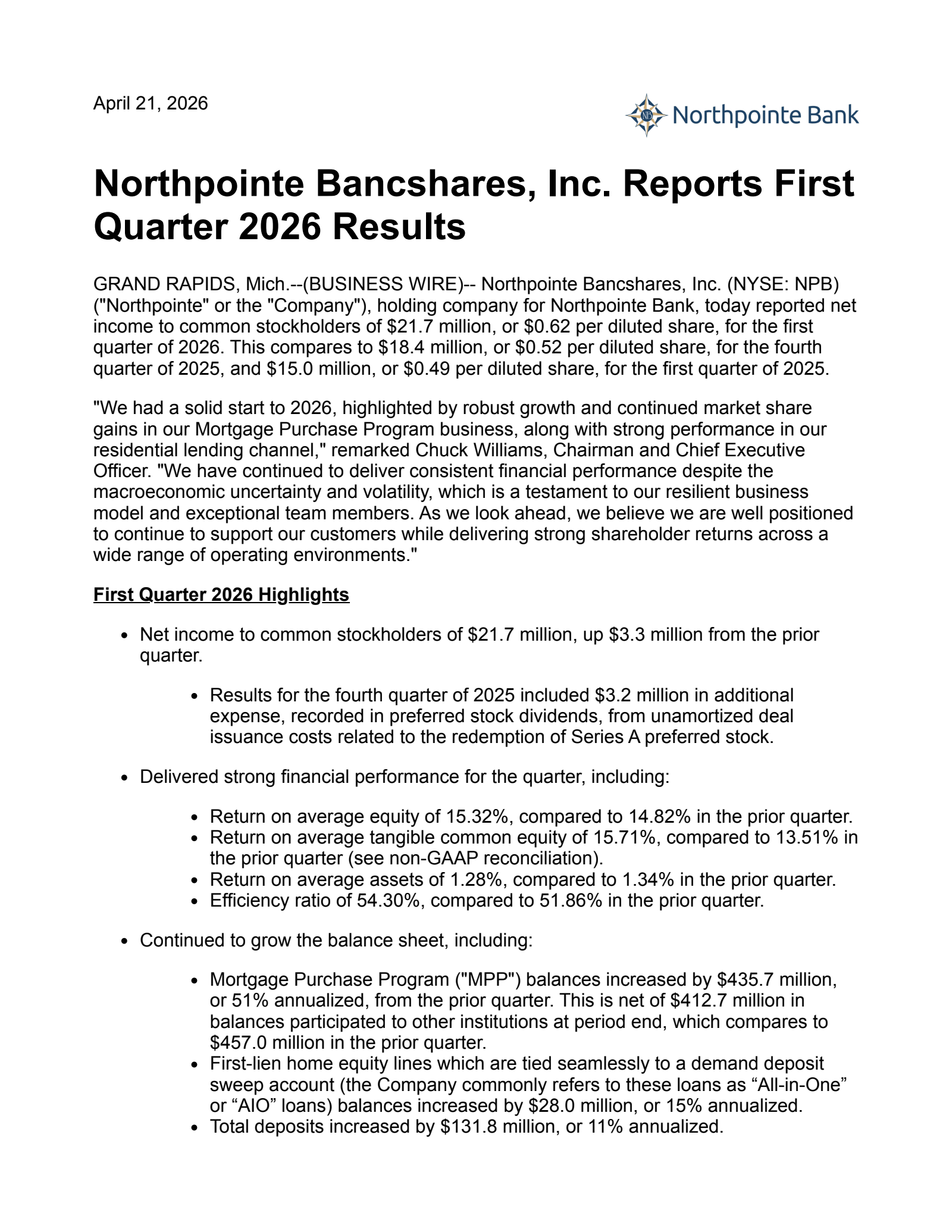 Northpointe Bancshares' Q1 2026 Press Release