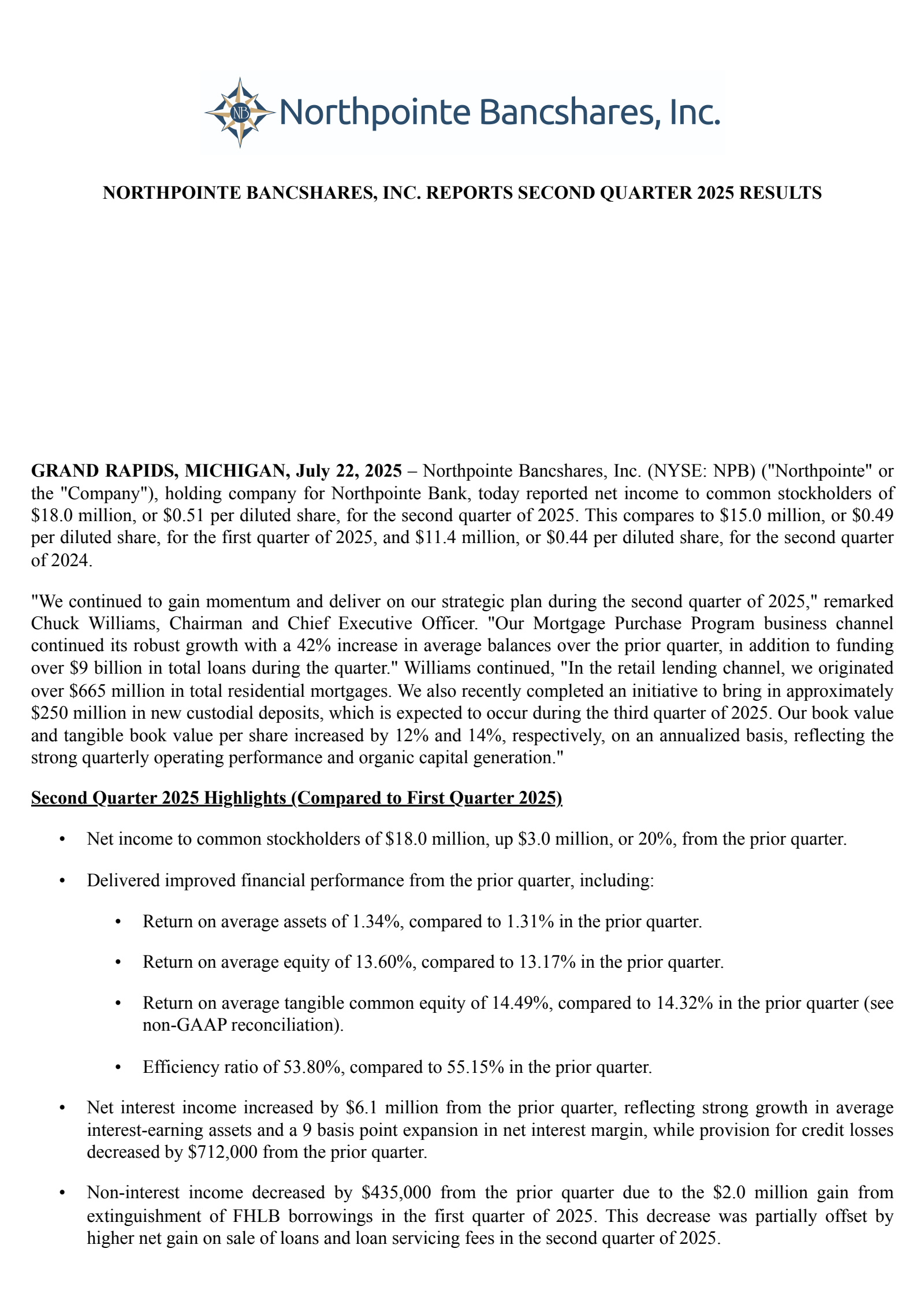 Northpointe Bancshares' Q2 2025 Press Release