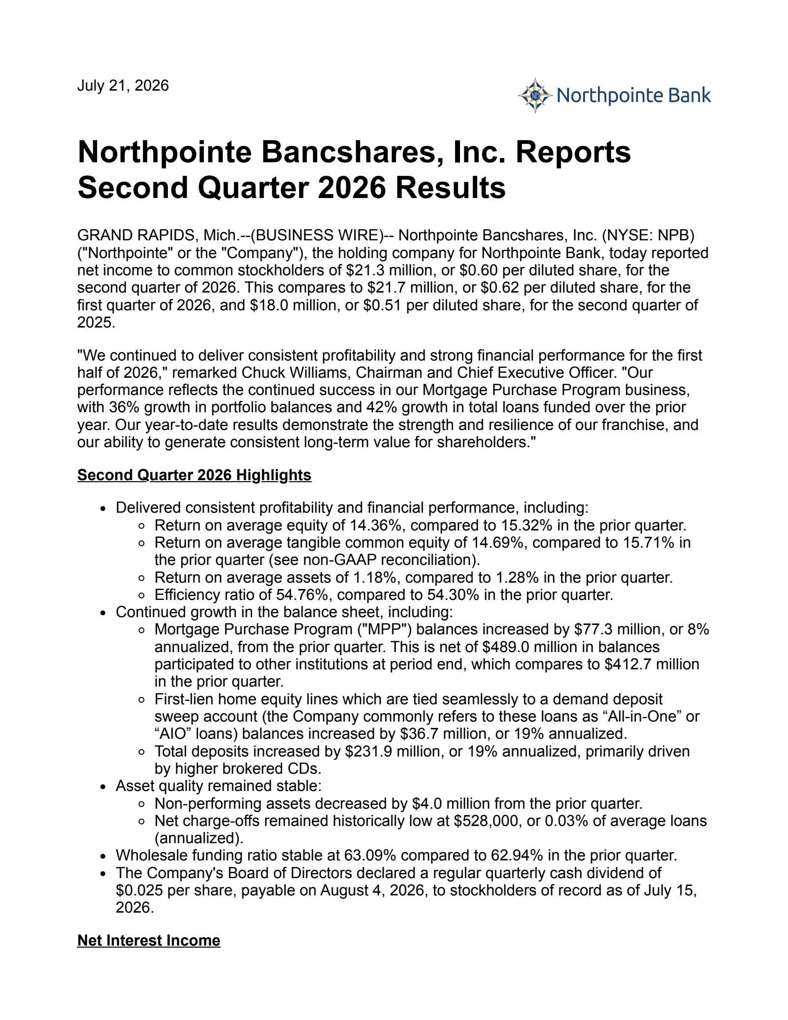 Northpointe Bancshares' Q2 2026 Press Release