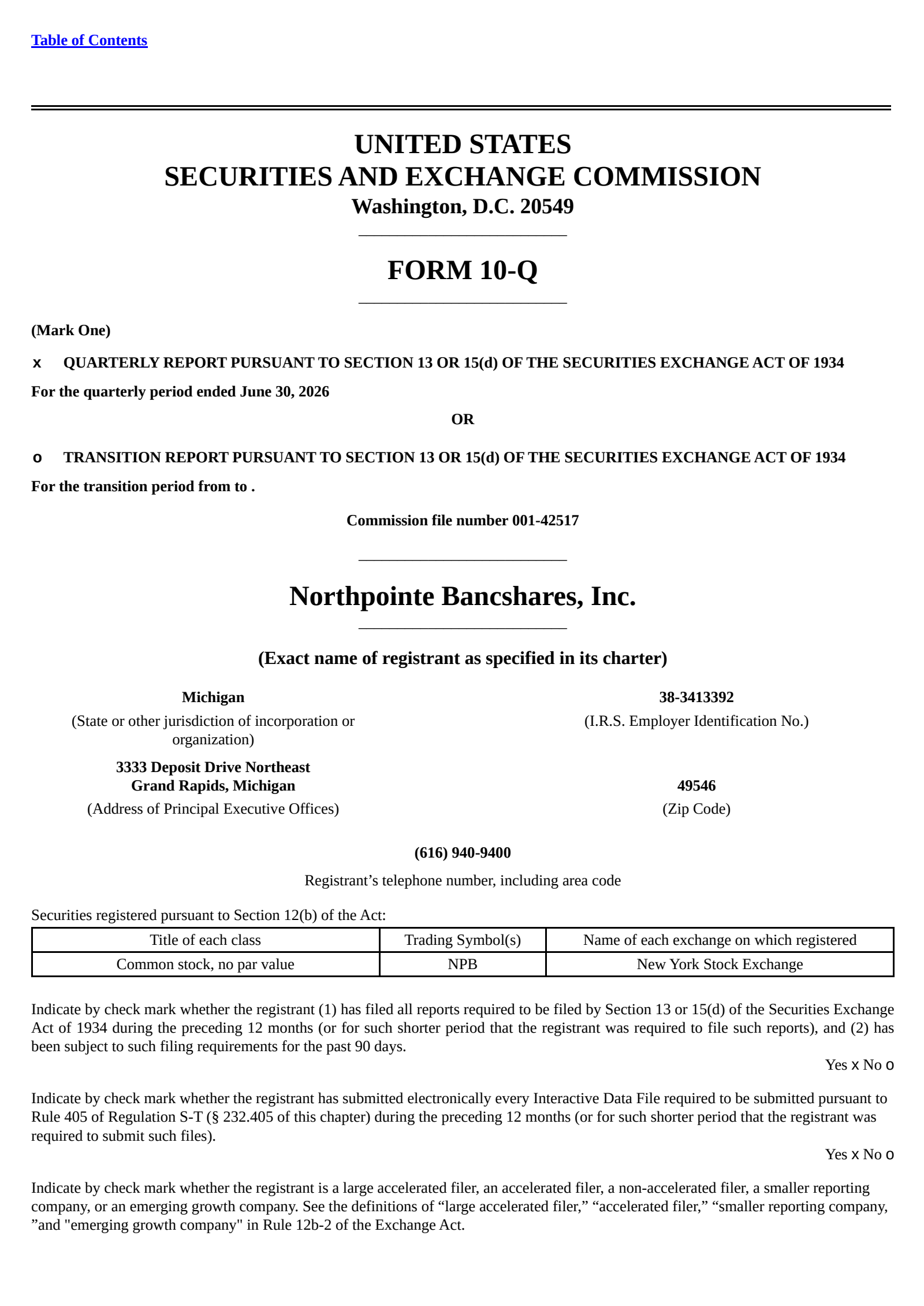 Northpointe Bancshares' Q2 2026 Quarterly report