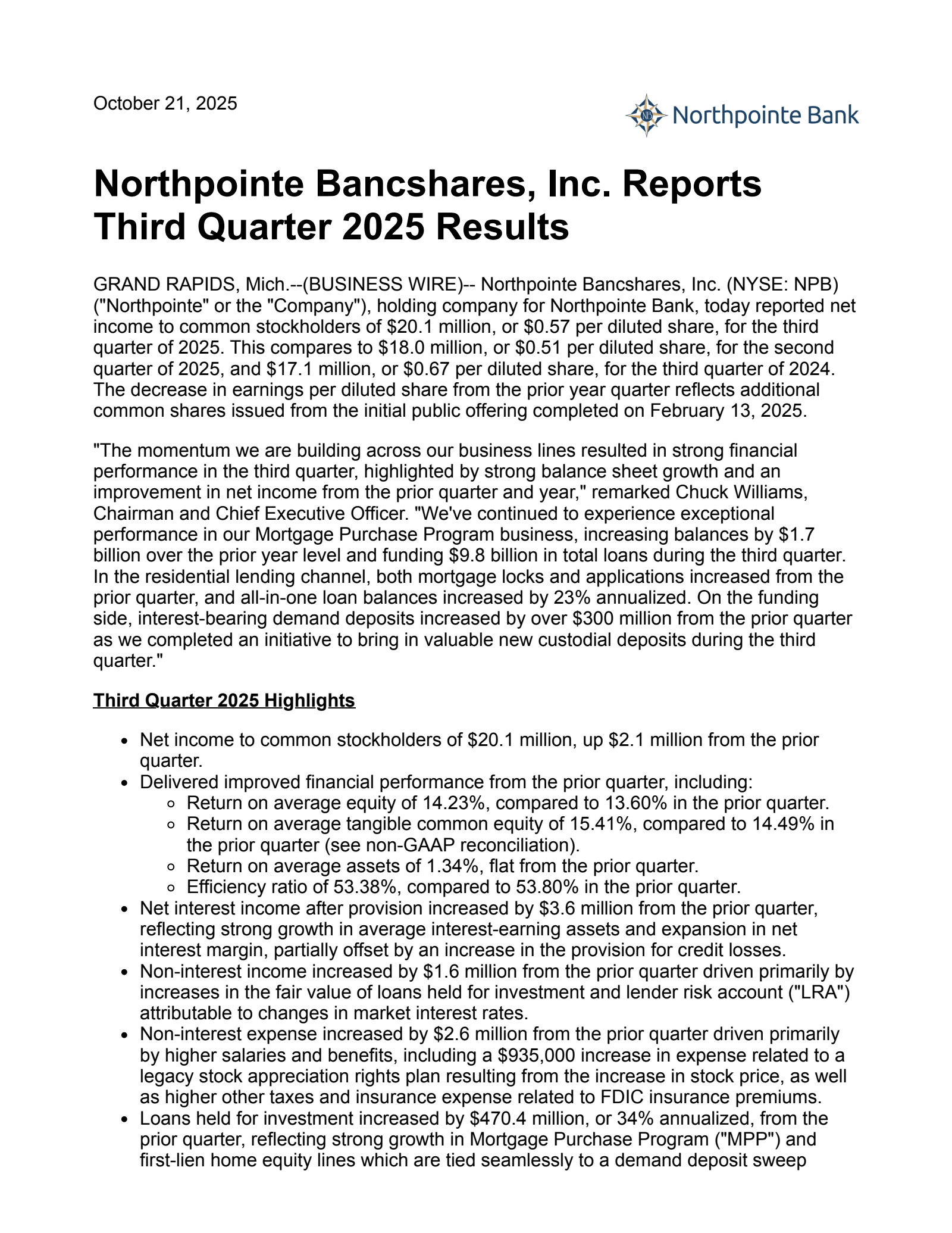 Northpointe Bancshares' Q3 2025 Earnings Release