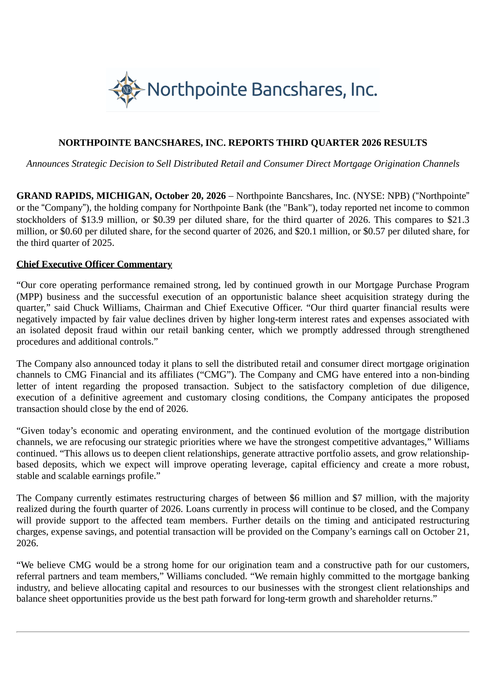 Northpointe Bancshares' Q3 2026 Press Release