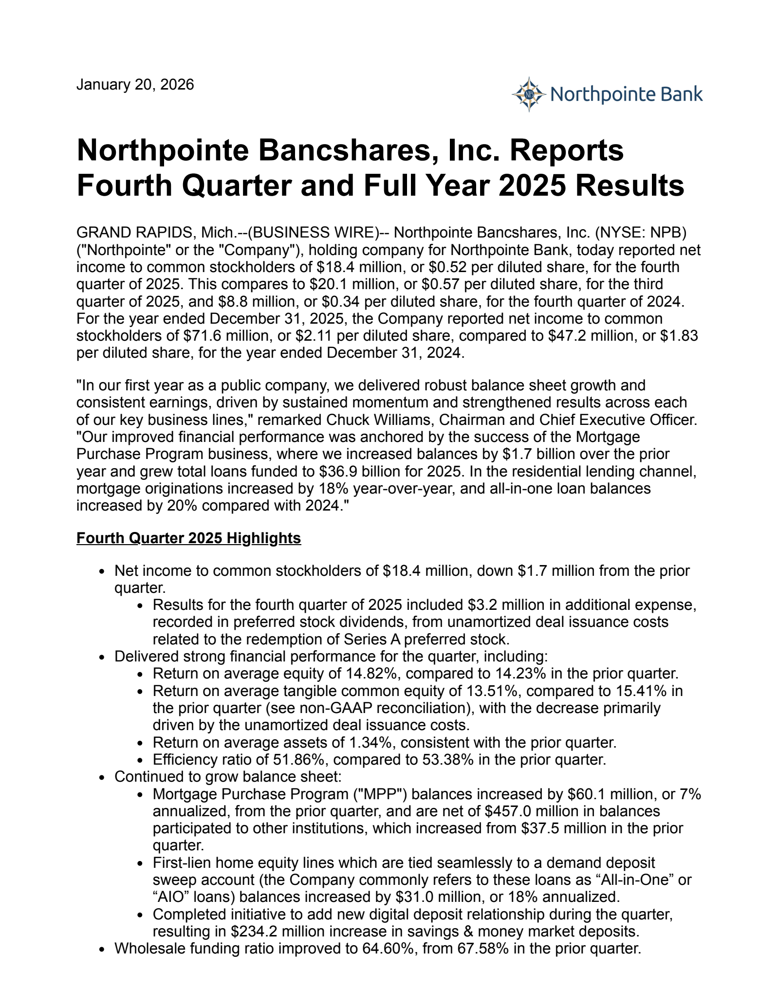 Northpointe Bancshares' Q4 2025 Press Release