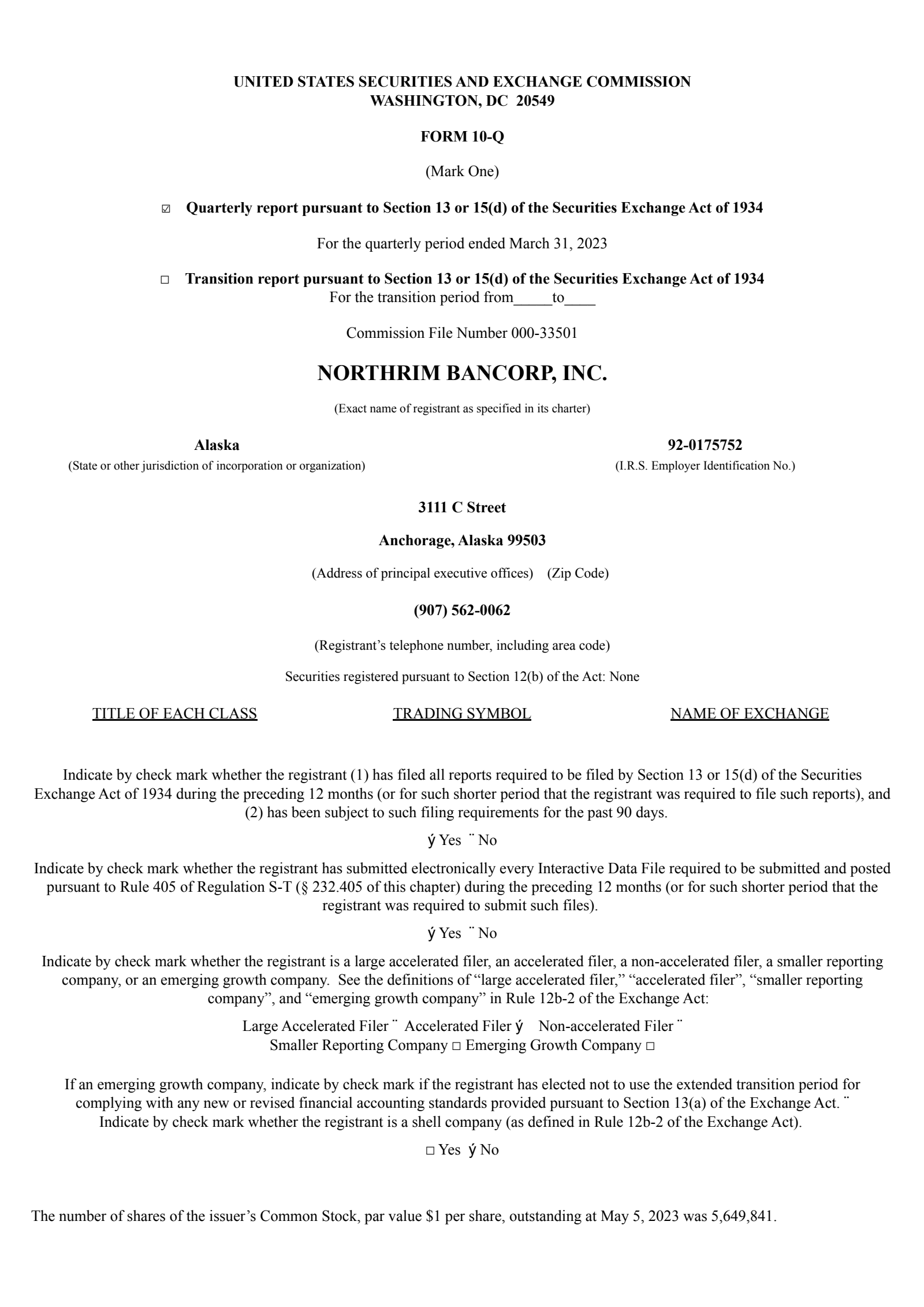 Northrim BanCorp's Q1 2023 Quarterly report
