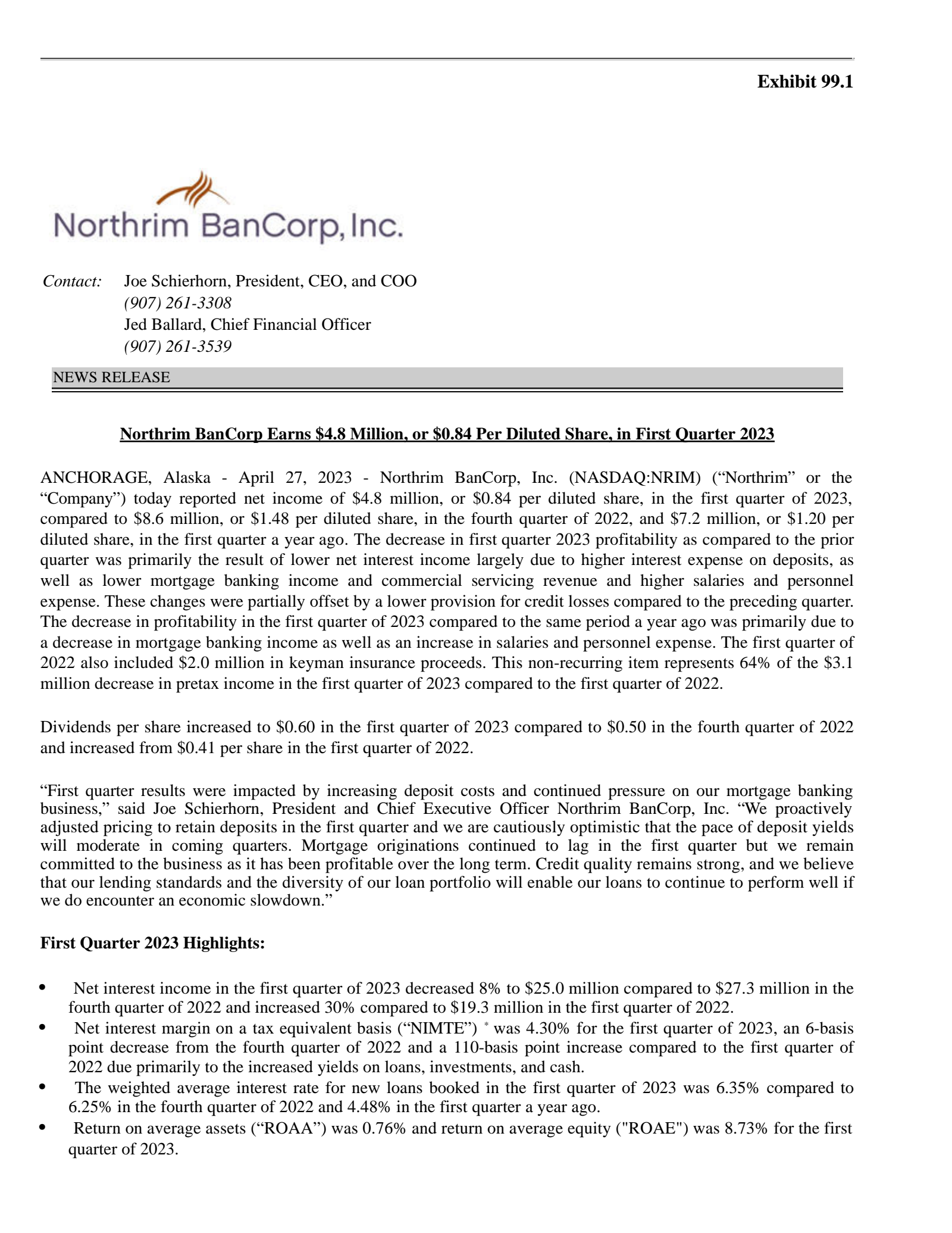 Northrim BanCorp's Q1 2023 Press Release