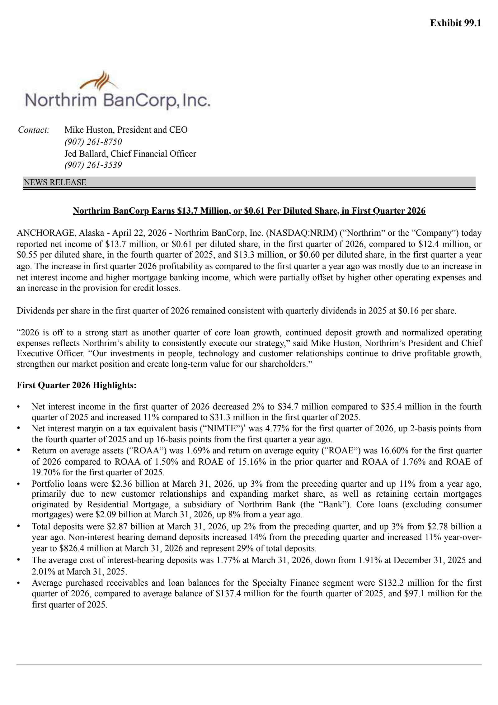 Northrim BanCorp's Q1 2026 Press Release