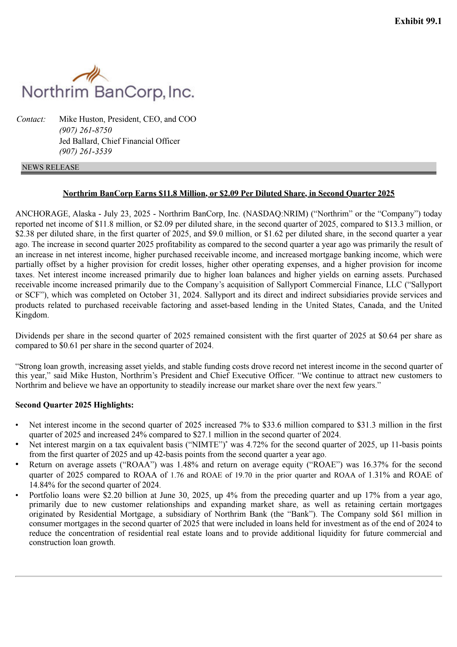 Northrim BanCorp's Q2 2025 Press Release
