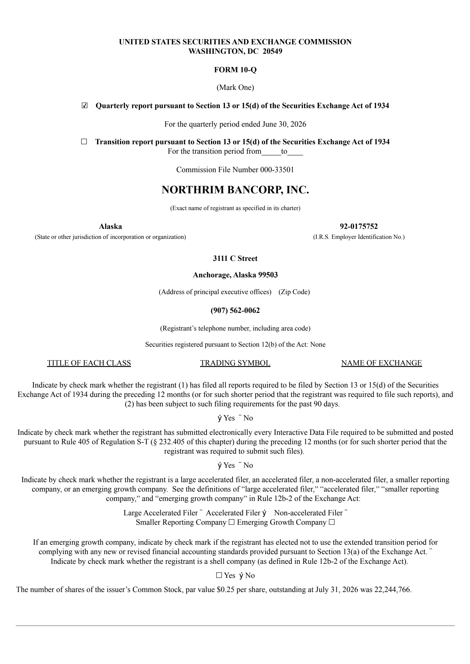 Northrim BanCorp's Q2 2026 Quarterly report
