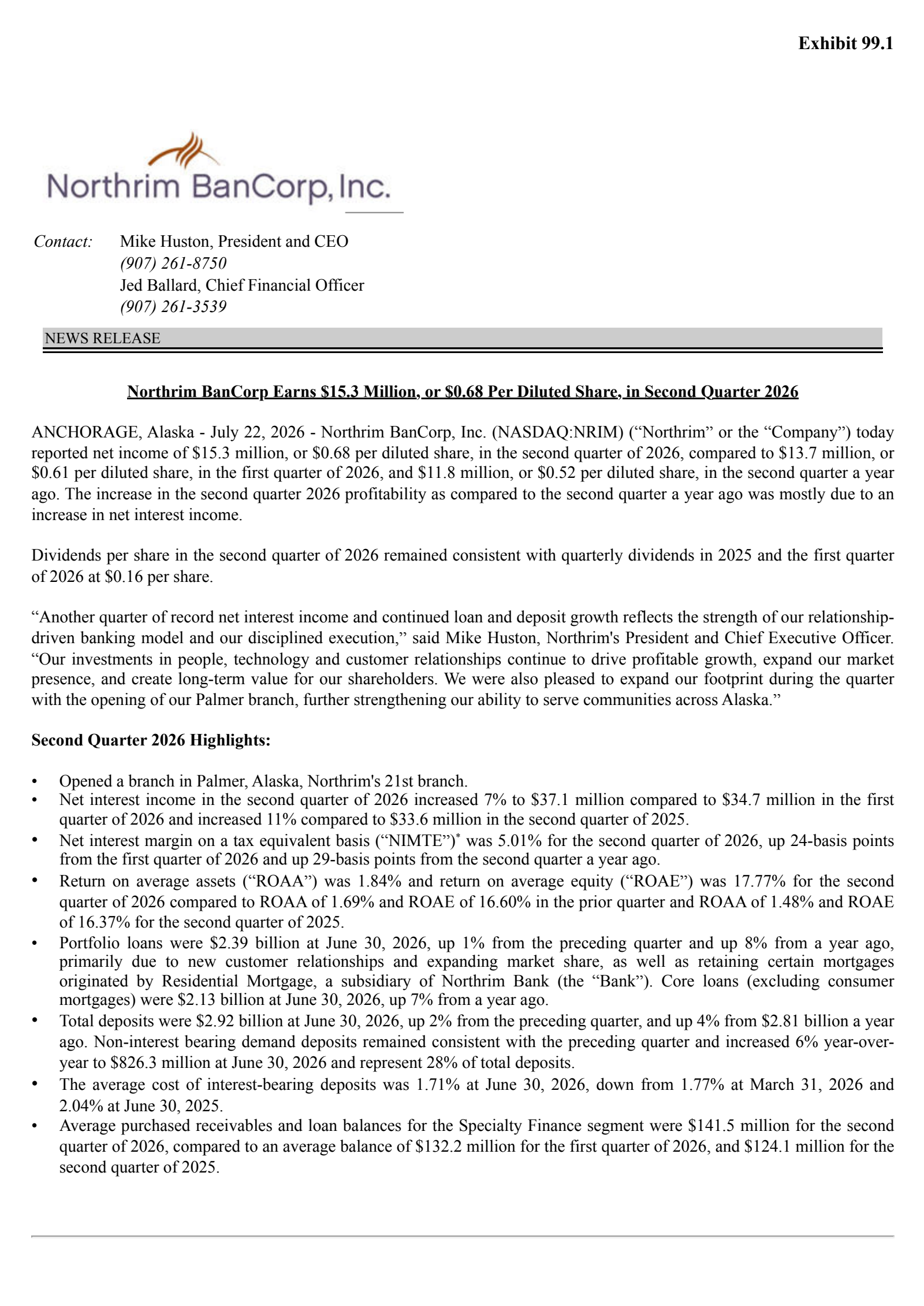 Northrim BanCorp's Q2 2026 Press Release