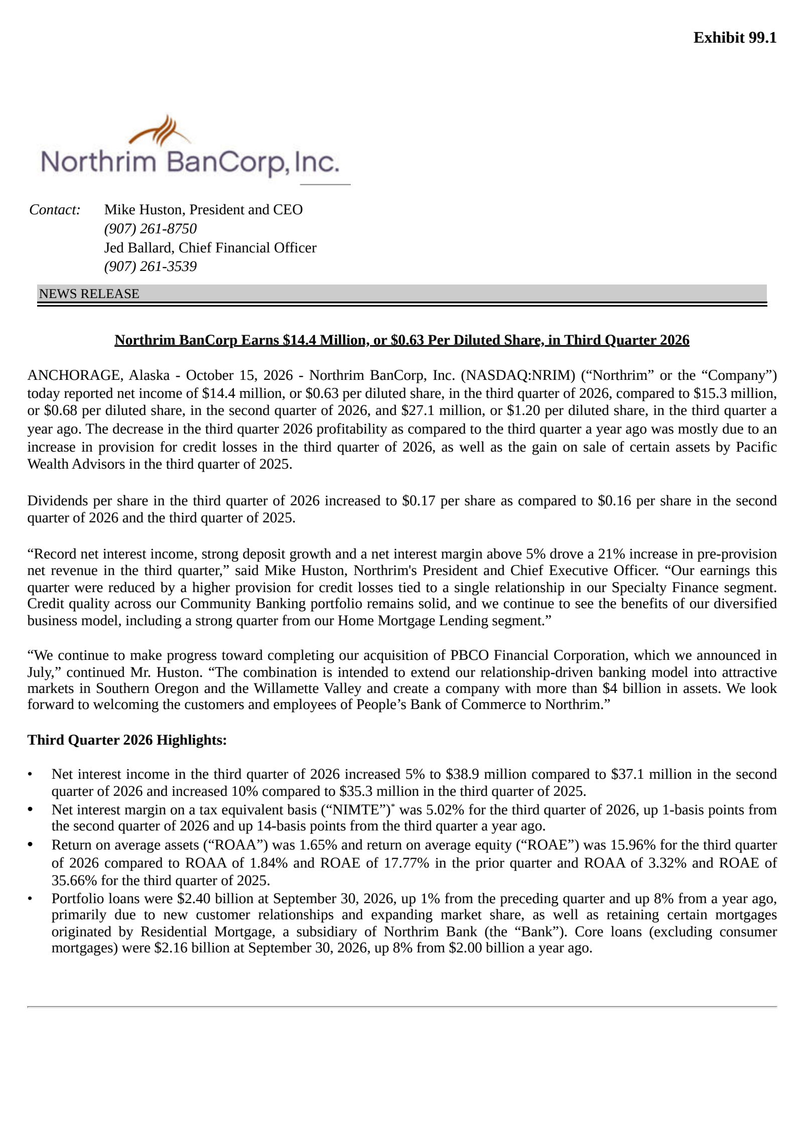 Northrim BanCorp's Q3 2026 Press Release