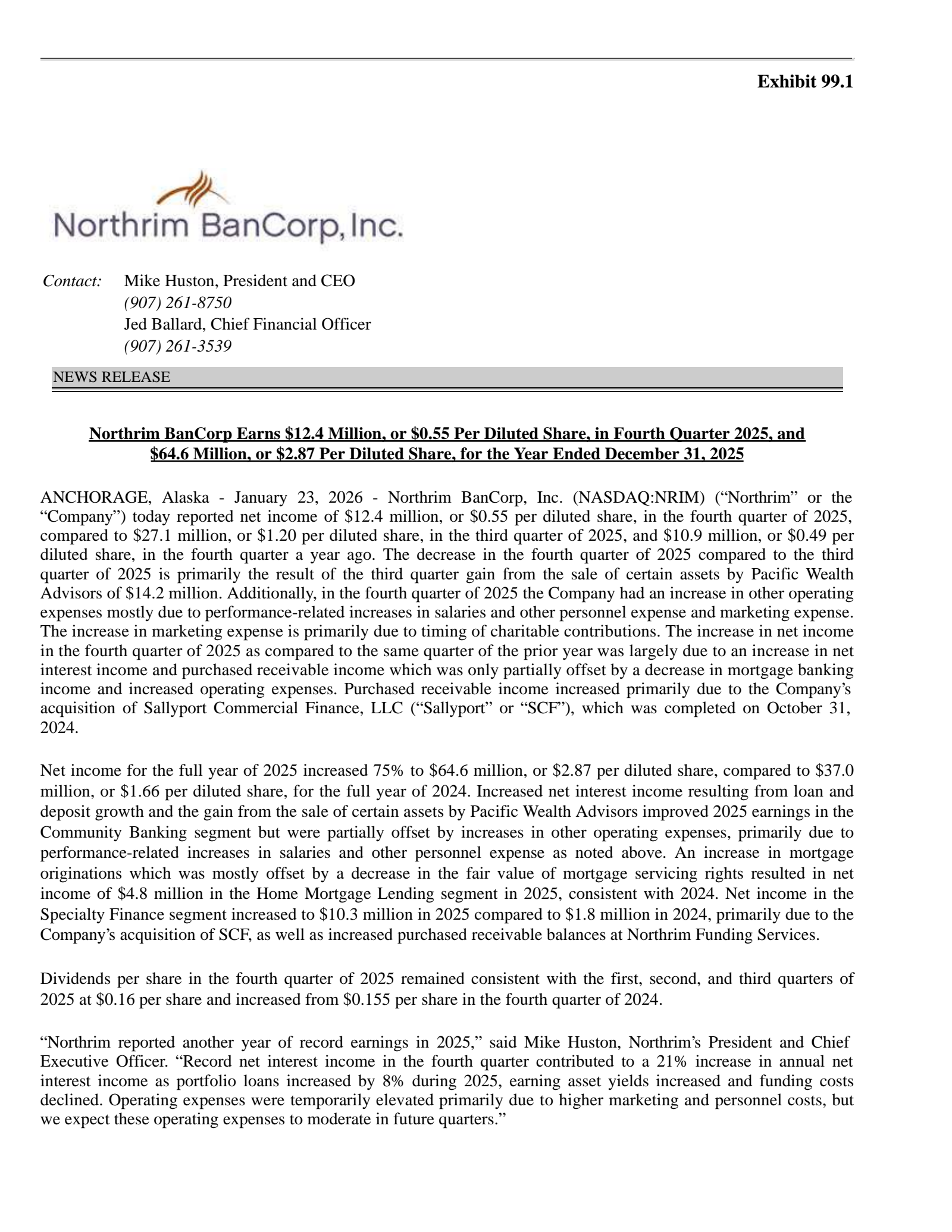 Northrim BanCorp's Q4 2025 Press Release