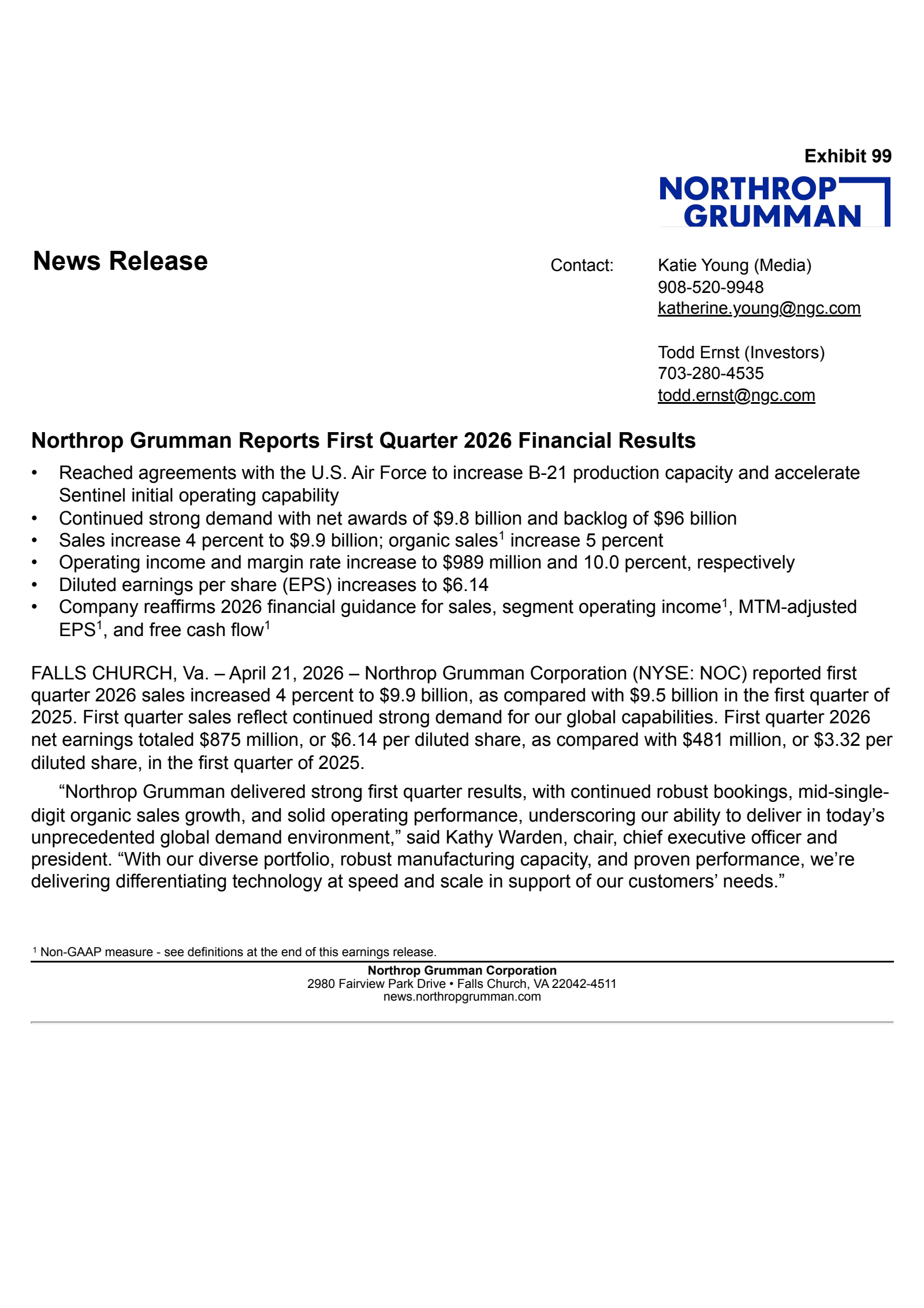 Northrop Grumman's Q1 2026 Press Release