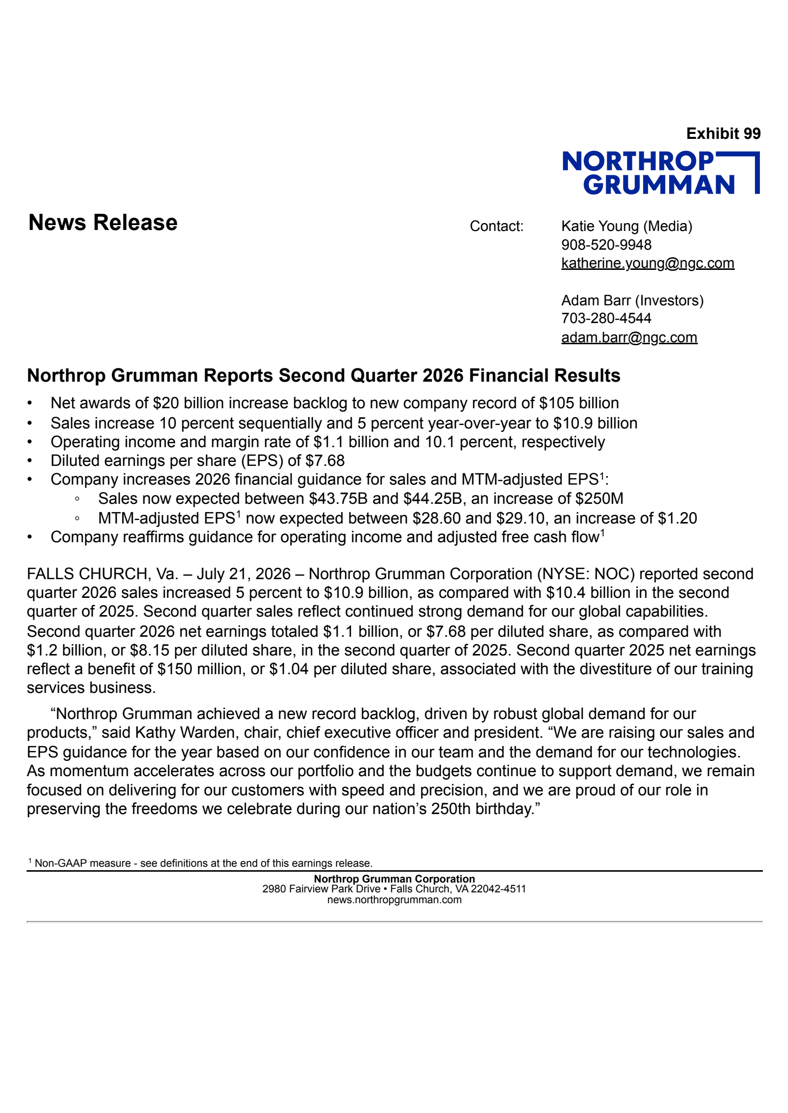 Northrop Grumman's Q2 2026 Press Release