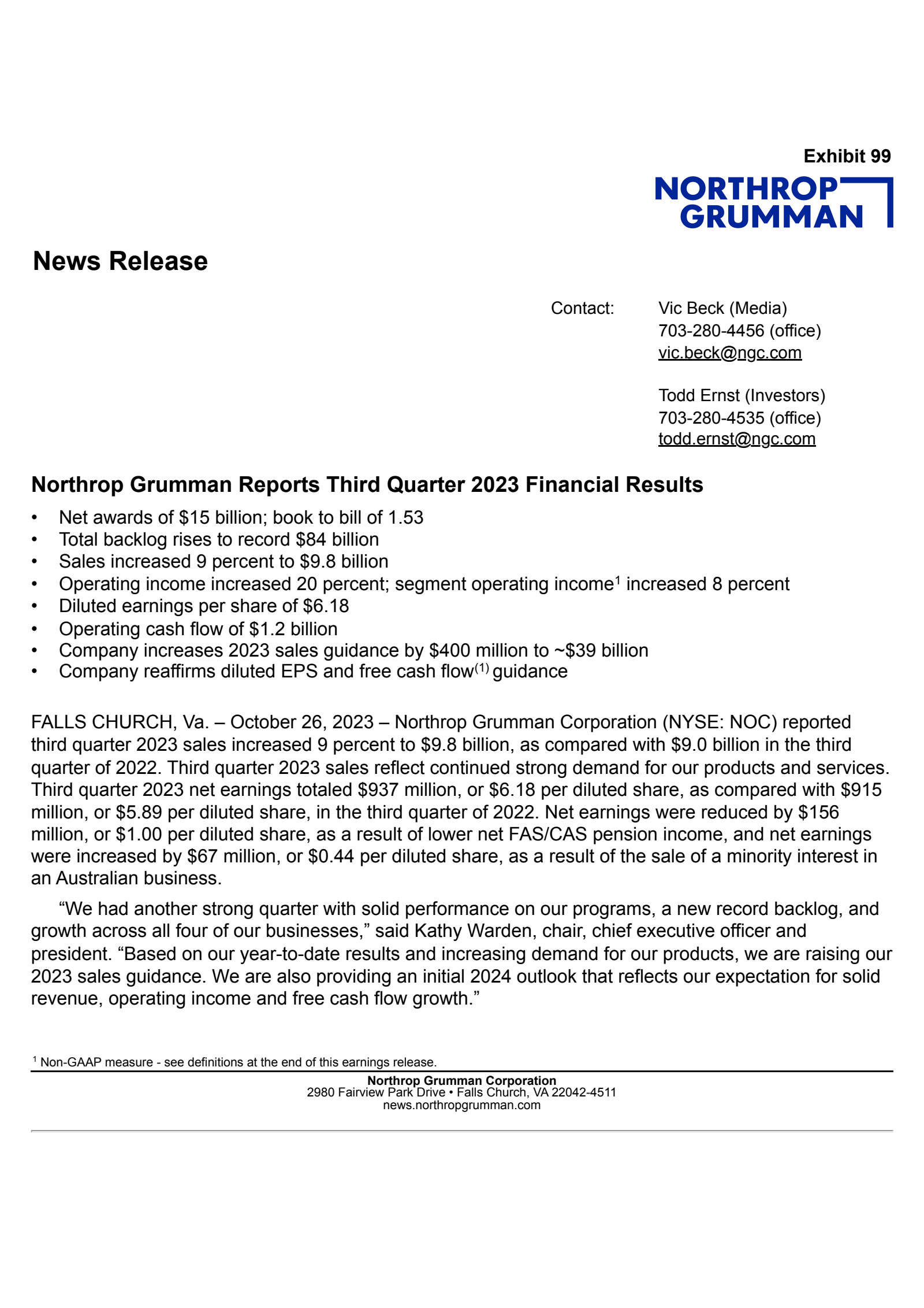 Northrop Grumman's Q3 2023 Press Release