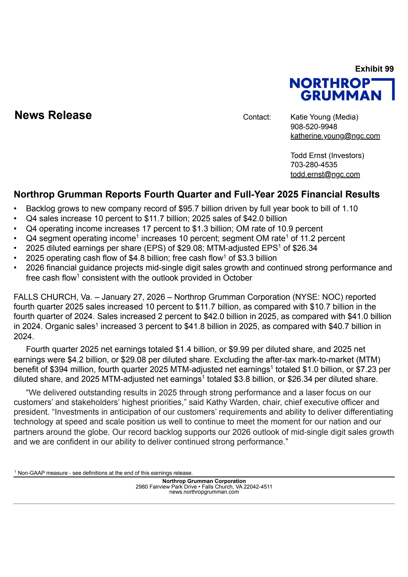 Northrop Grumman's Q4 2025 Press Release