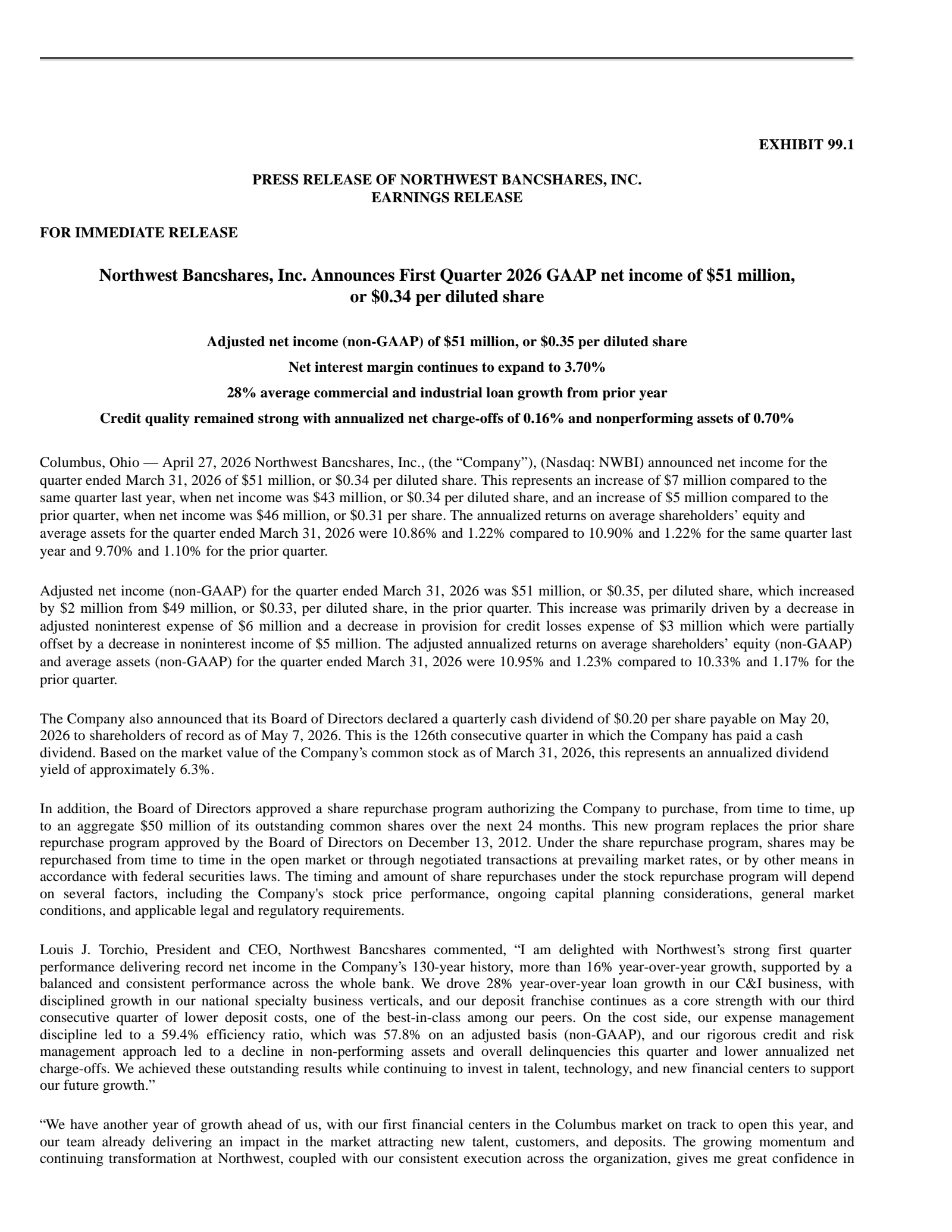 Northwest Bancshares' Q1 2026 Press Release