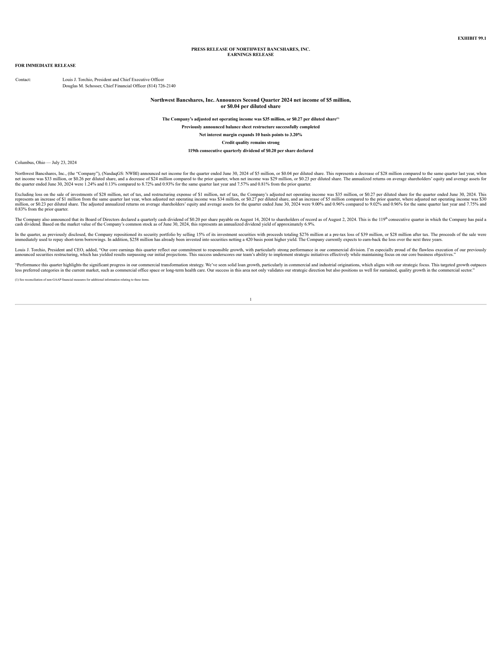 Northwest Bancshares' Q2 2024 Press Release