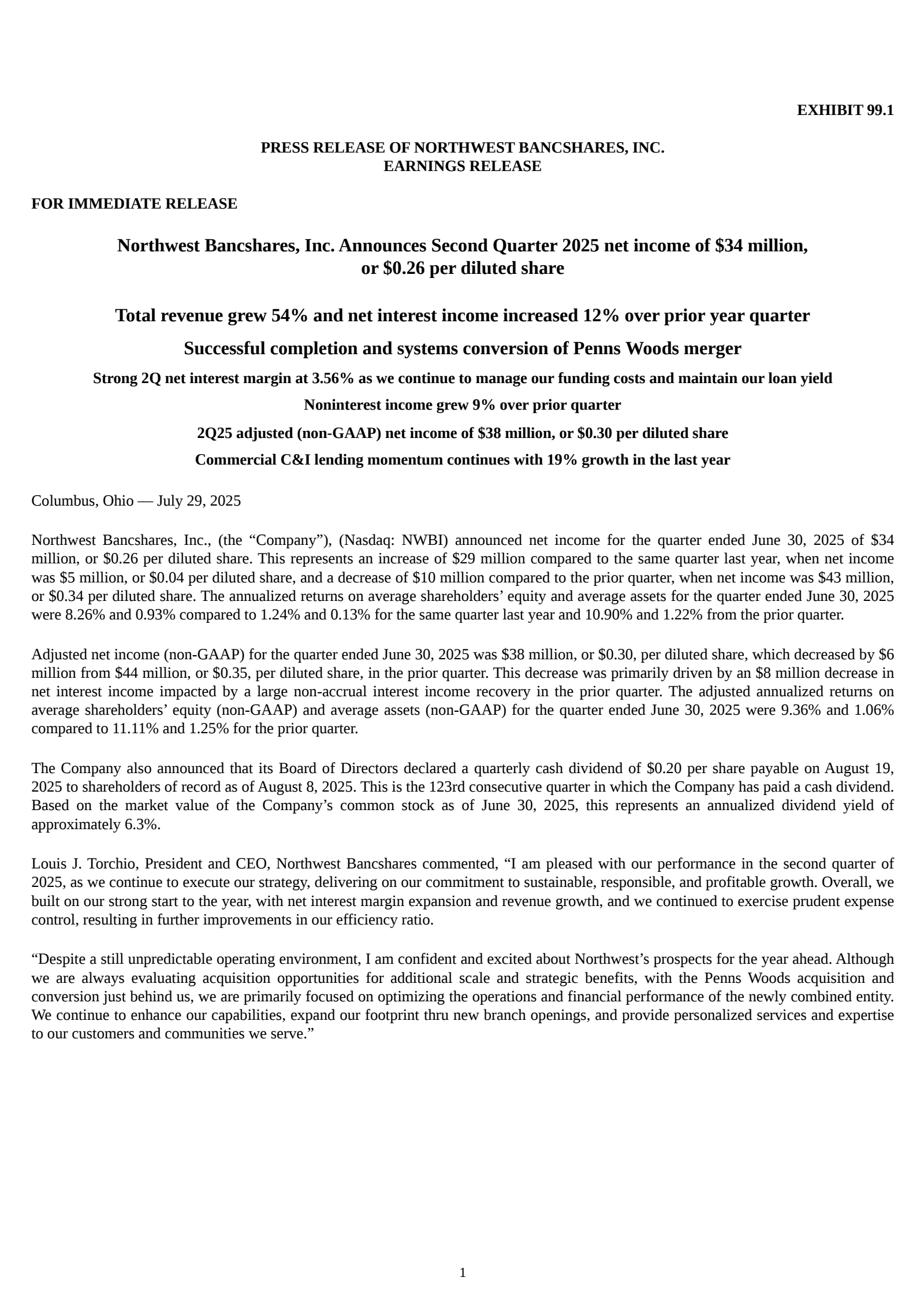 Northwest Bancshares' Q2 2025 Press Release
