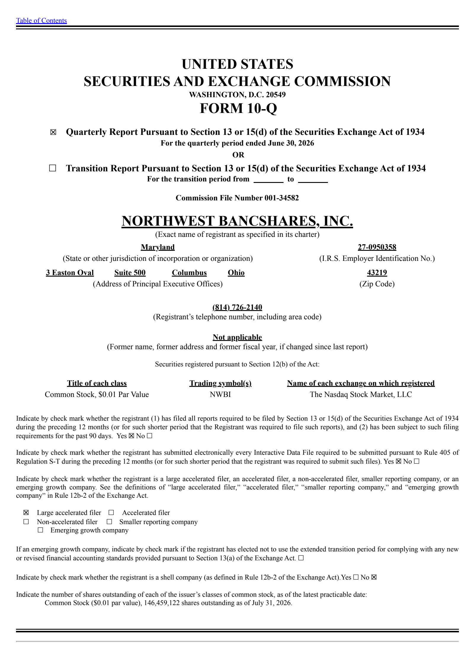 Northwest Bancshares' Q2 2026 Quarterly report