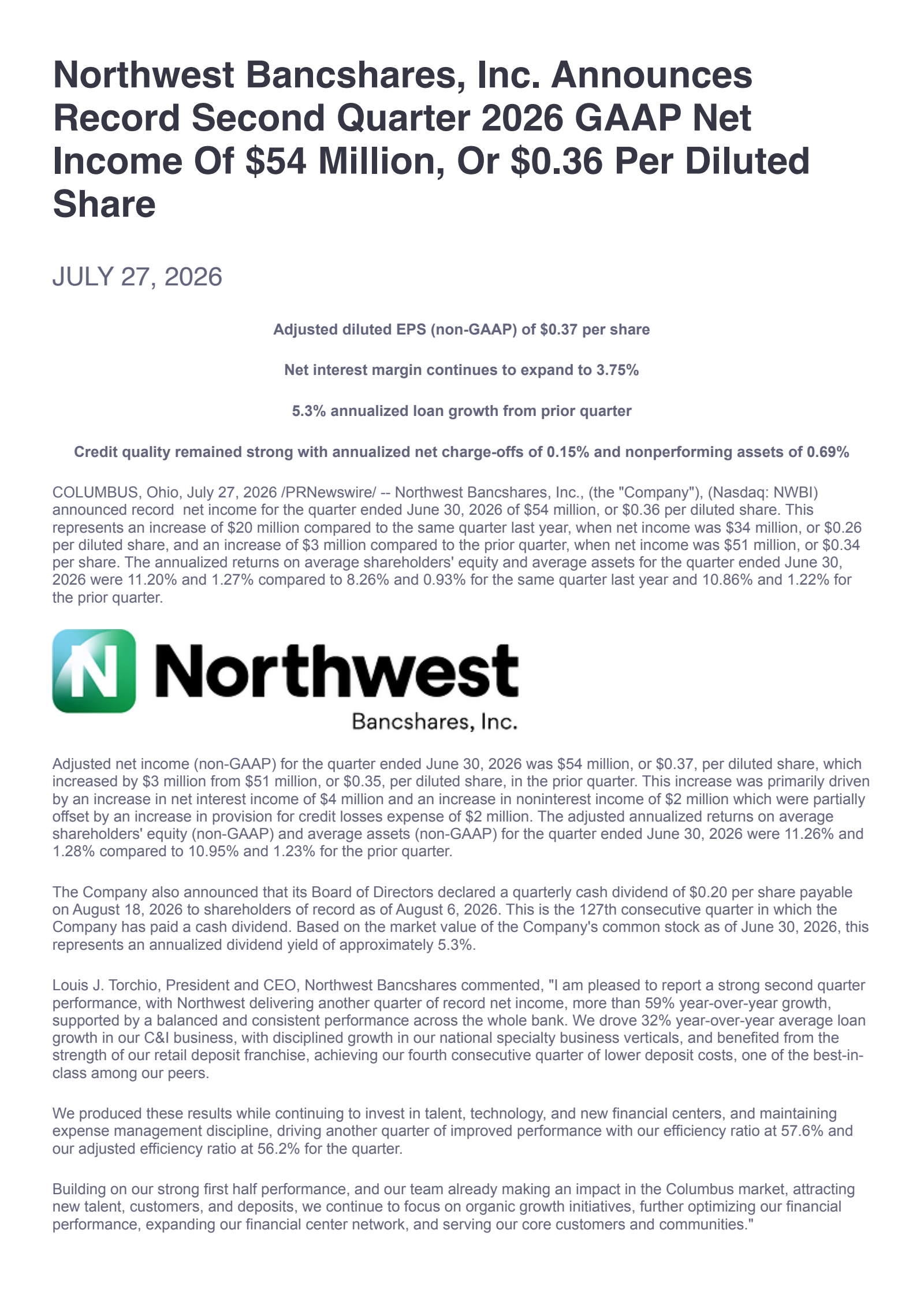 Northwest Bancshares' Q2 2026 Press Release