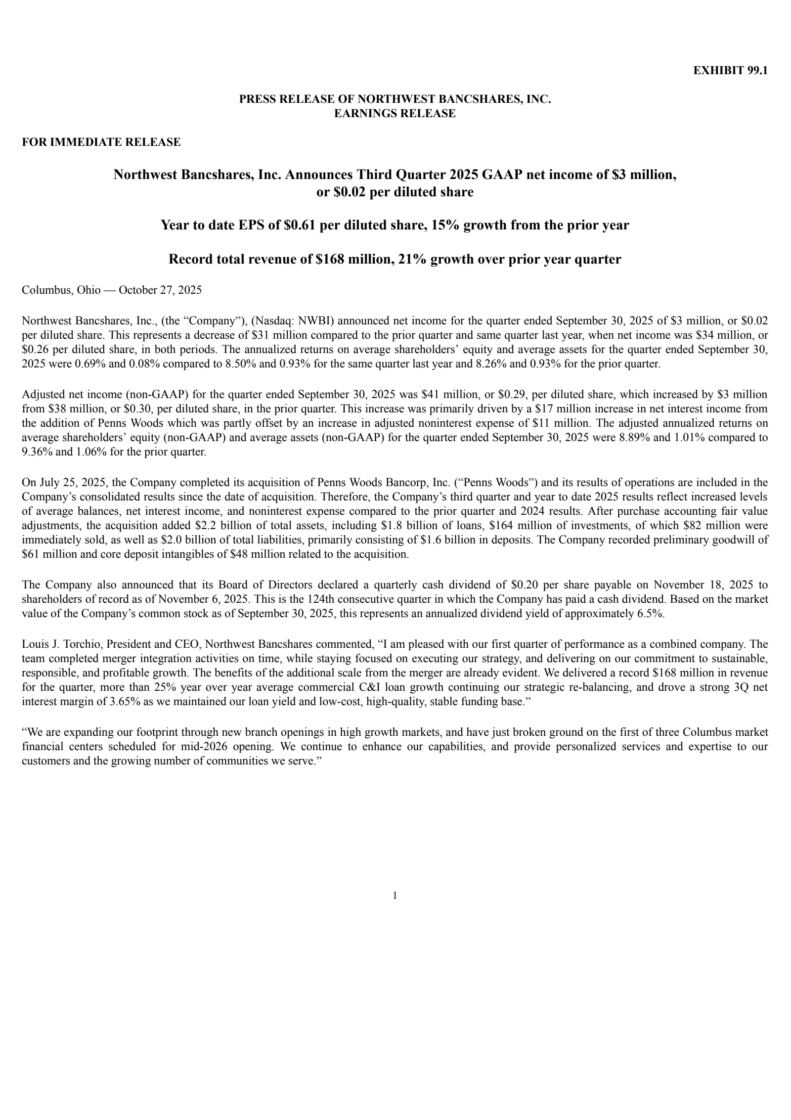 Northwest Bancshares' Q3 2025 Earnings Release
