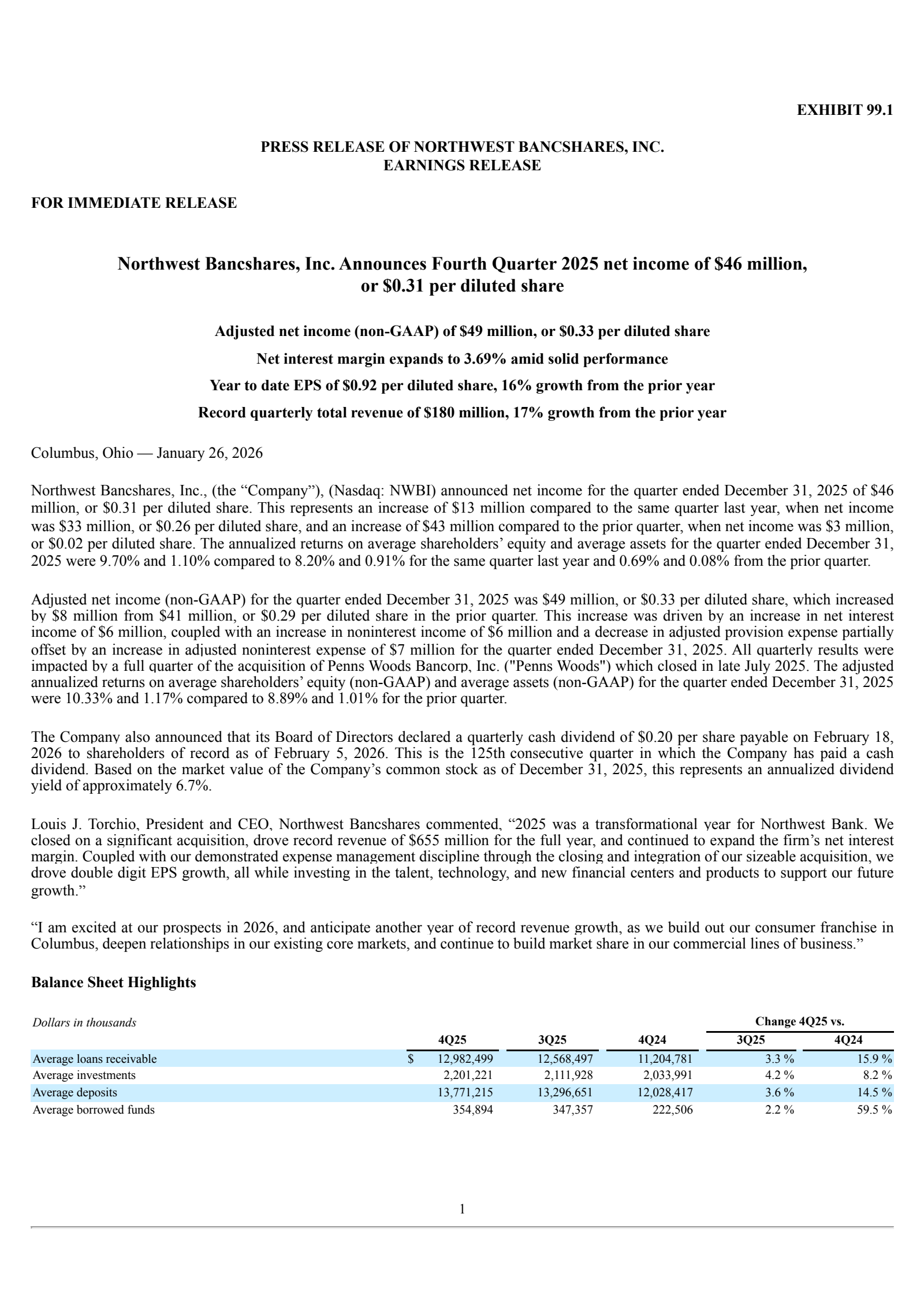 Northwest Bancshares' Q4 2025 Press Release
