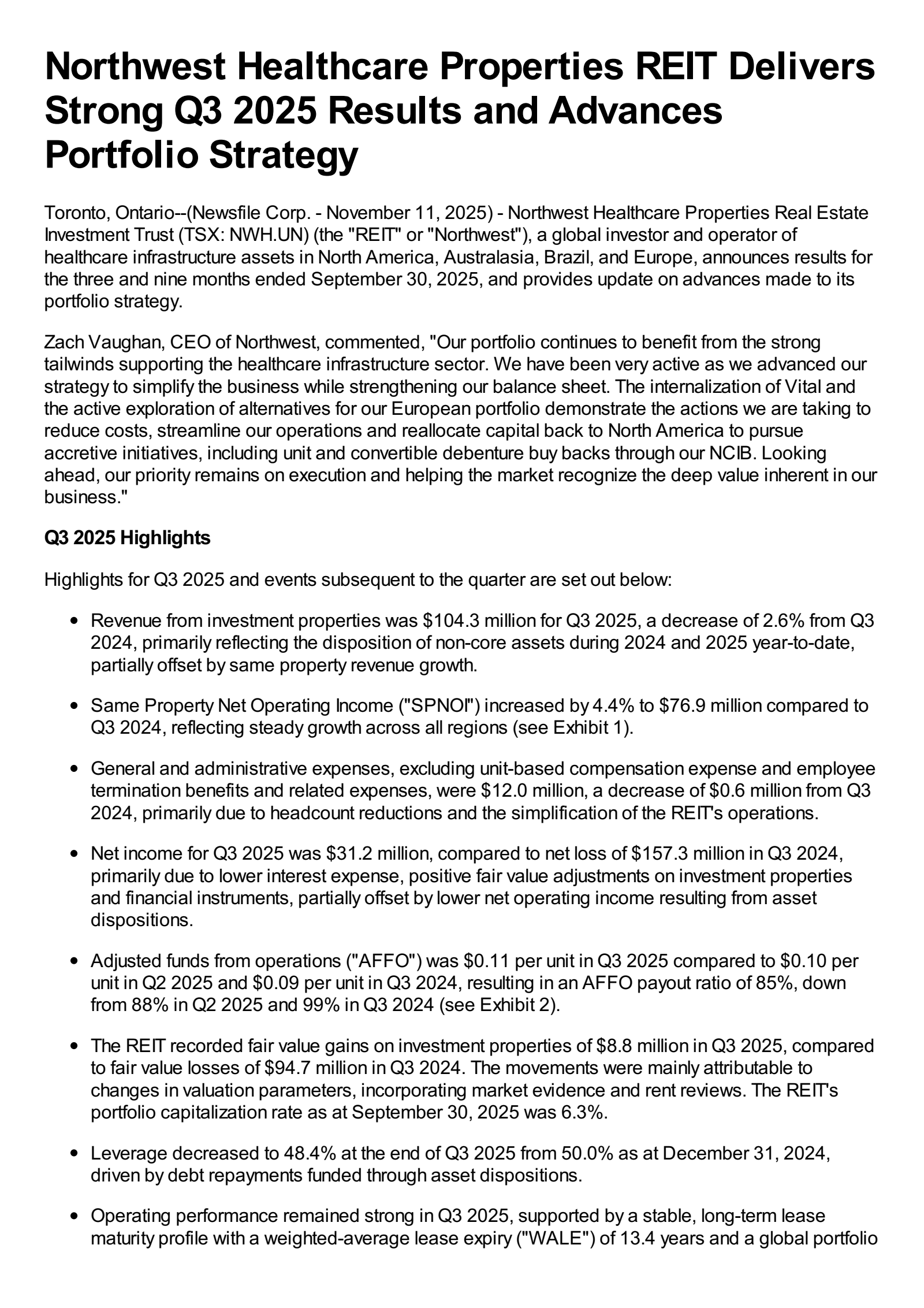 NorthWest Health Prop Real Est Inv Trust's Q3 2025 Earnings Release