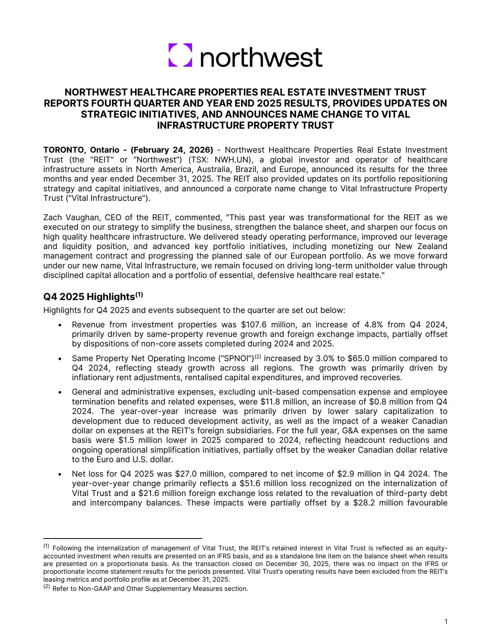 NorthWest Health Prop Real Est Inv Trust's Q4 2025 Press Release