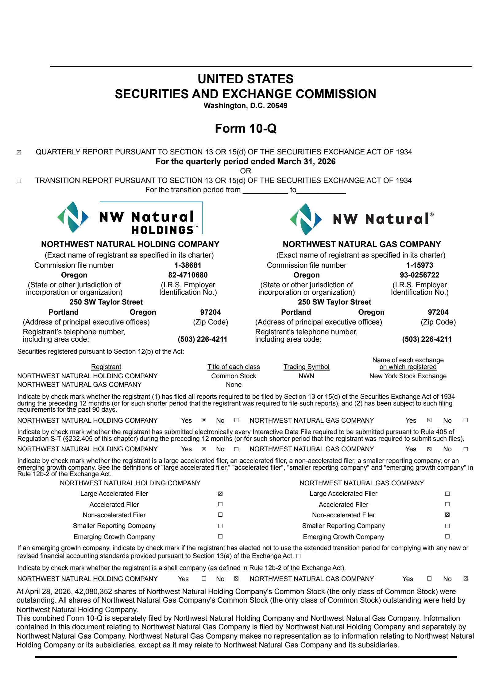 Northwest Natural Gas' Q1 2026 Quarterly report