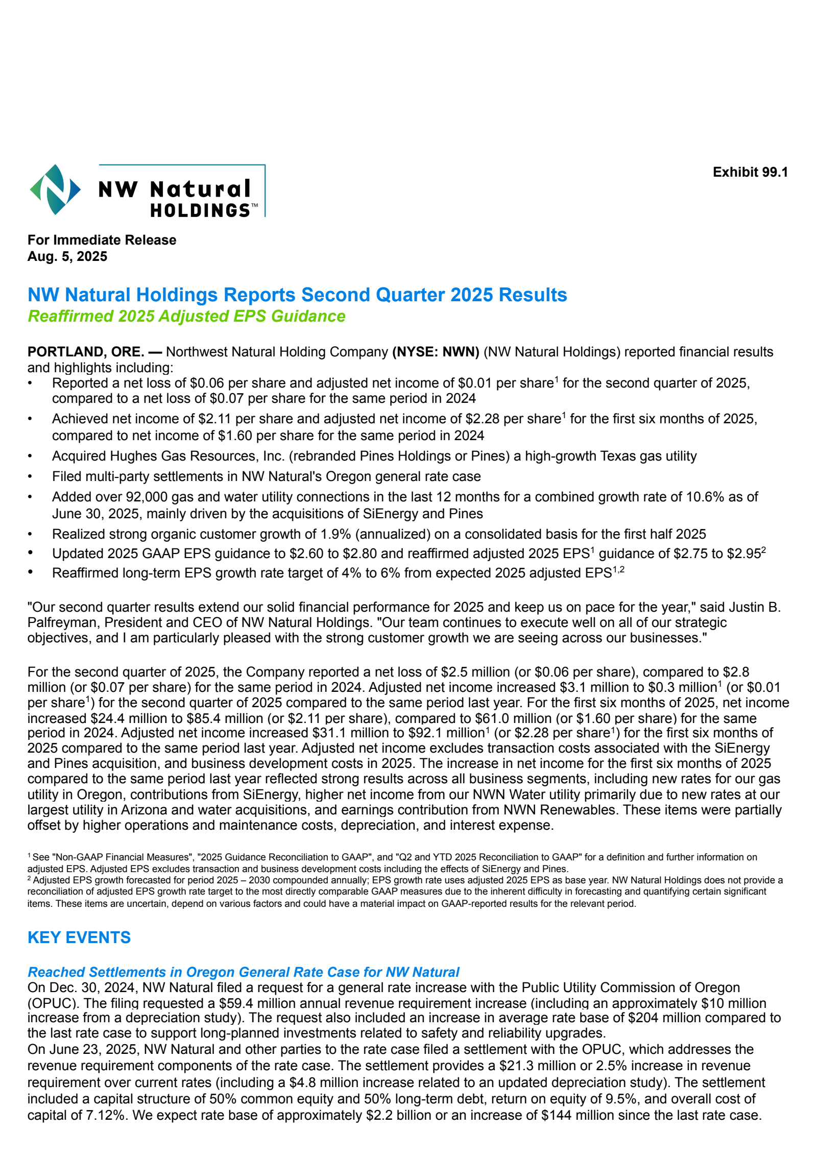 Northwest Natural Gas' Q2 2025 Press Release