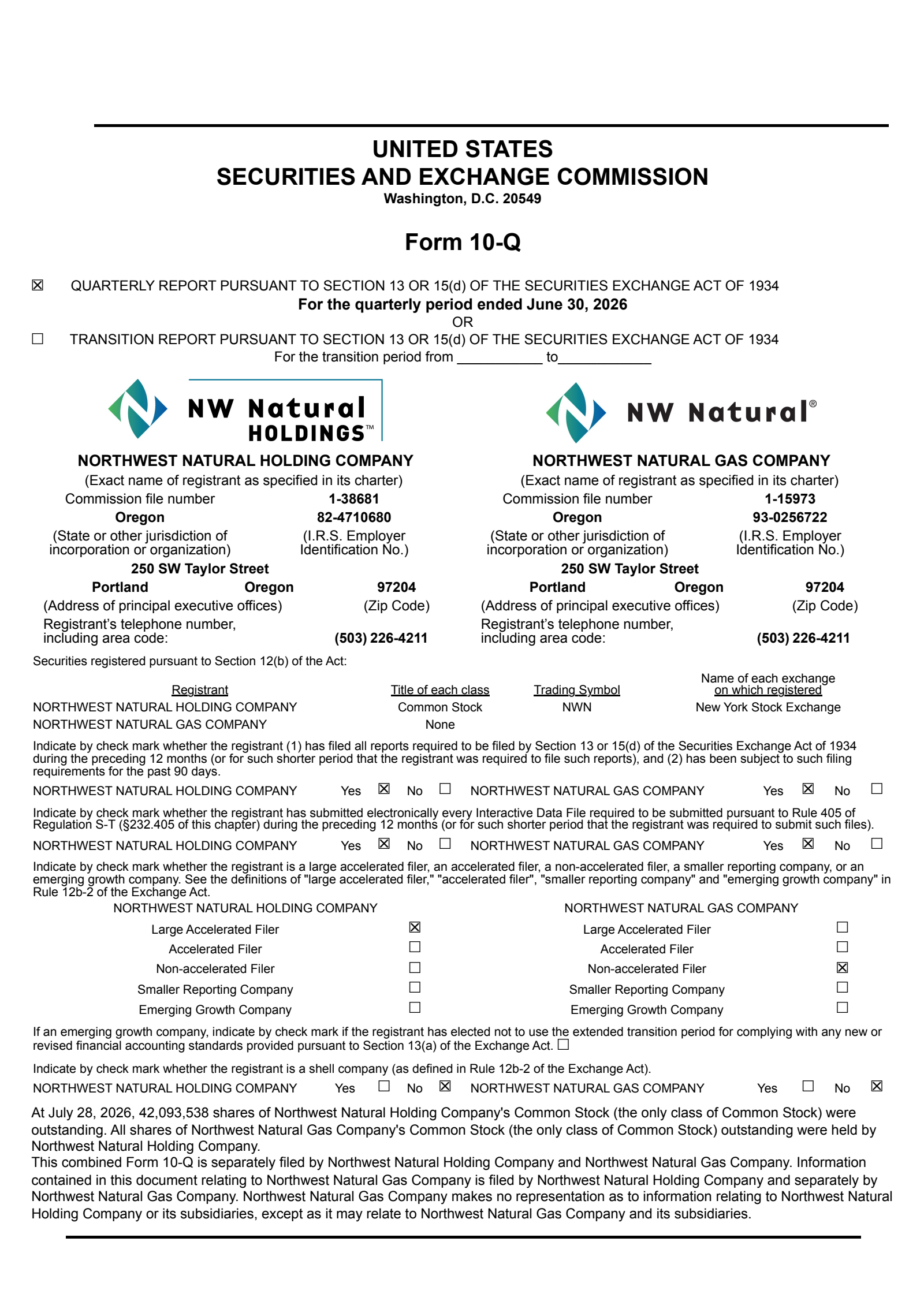 Northwest Natural Gas' Q2 2026 Quarterly report