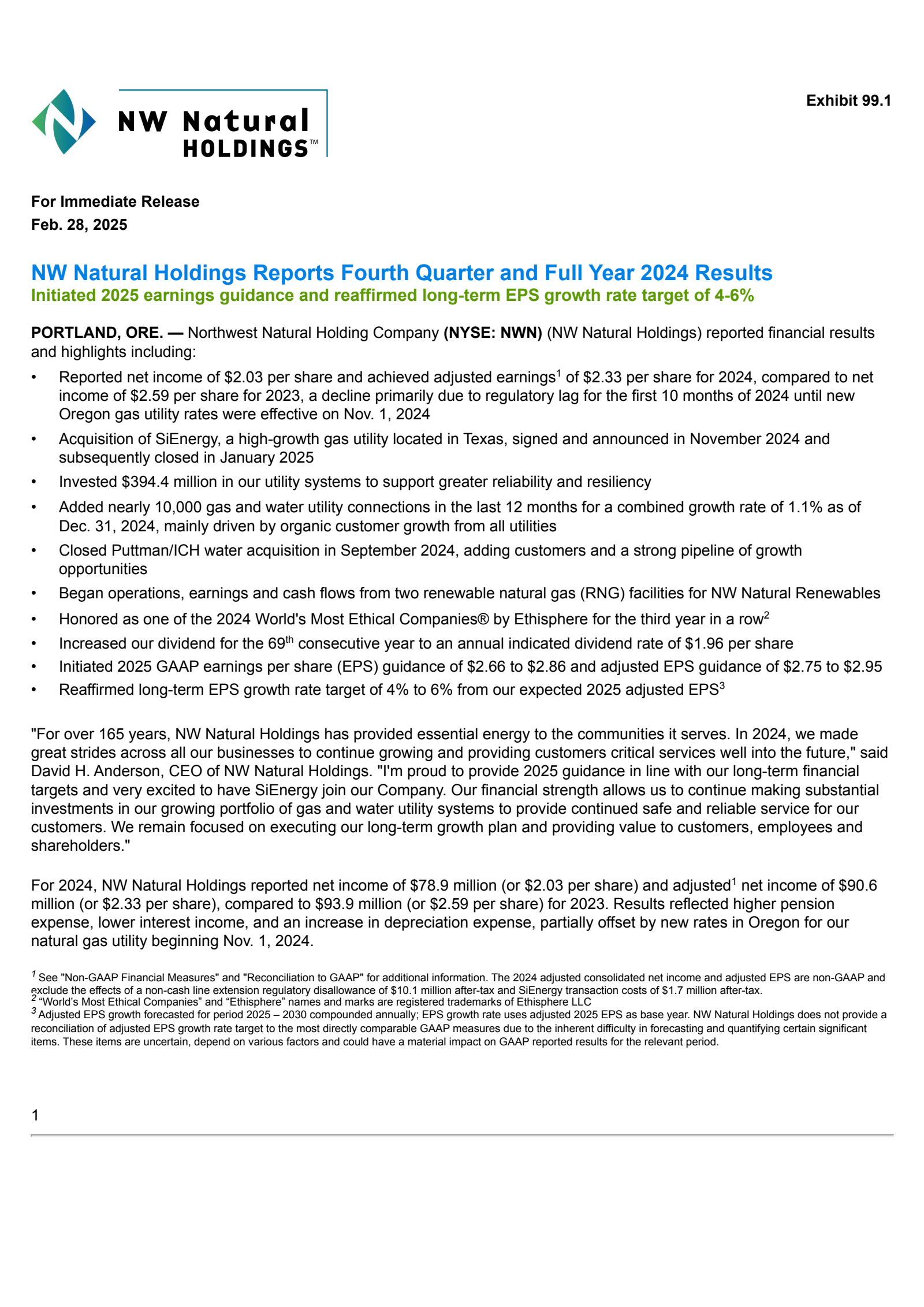 Northwest Natural's Q4 2024 Press Release