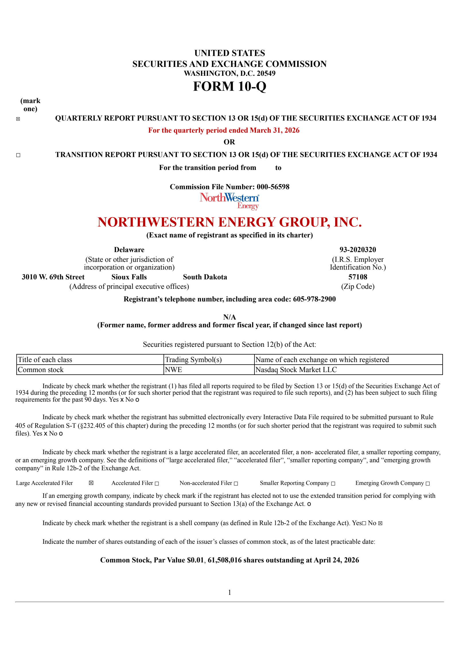 NorthWestern's Q1 2026 Quarterly report